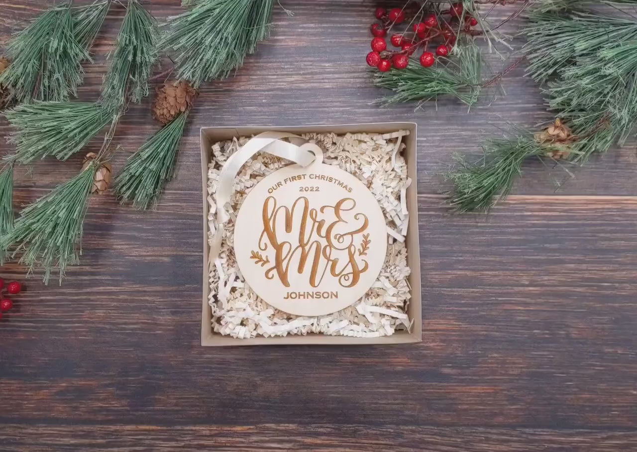Mr & Mrs Our First Christmas Married 2023 Ornament – Laser Cut Engraved Wood - Personalized Wedding Gift for Newlyweds
