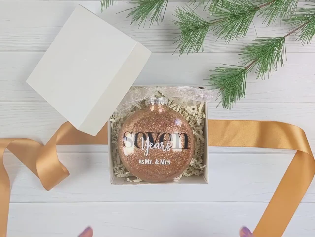7 year Copper Color Anniversary Ornament – Personalized 7th Wedding Anniversary Glittered Christmas Gift – Seven Years as Mr & Mrs