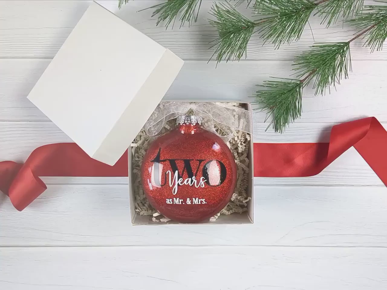 2 year Red Anniversary Ornament – Personalized 2nd Wedding Anniversary Glittered Christmas Gift – Two Years as Mr & Mrs