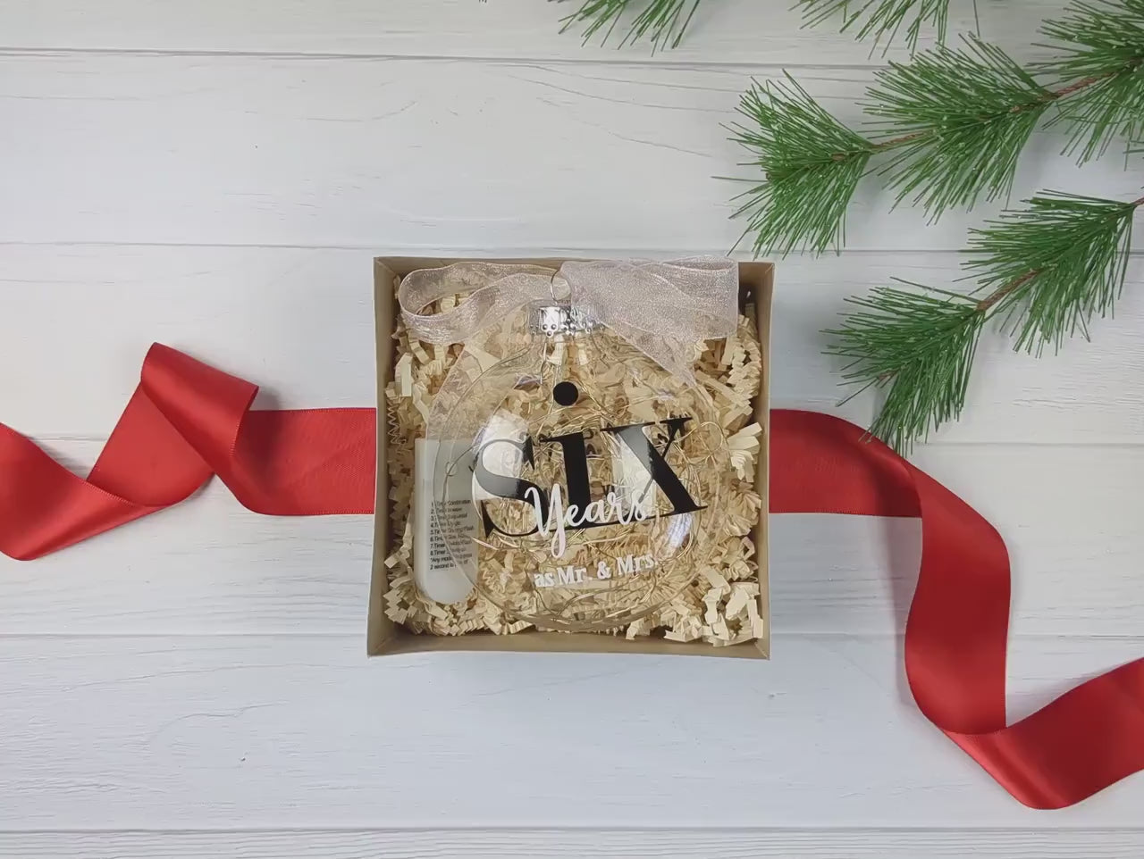 6 Year Anniversary Gift – 6th Wedding Anniversary Lighted Christmas Ornament – Six Years as Mr & Mrs – Personalized with Wedding Date