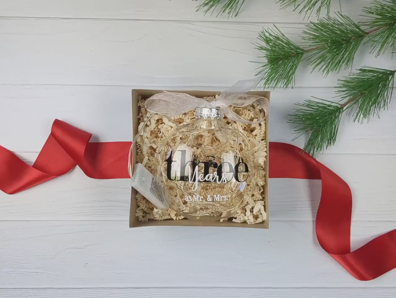 3 Year Anniversary Gift – 3rd Wedding Anniversary Lighted Christmas Ornament – Three Years as Mr & Mrs – Personalized with Wedding Date