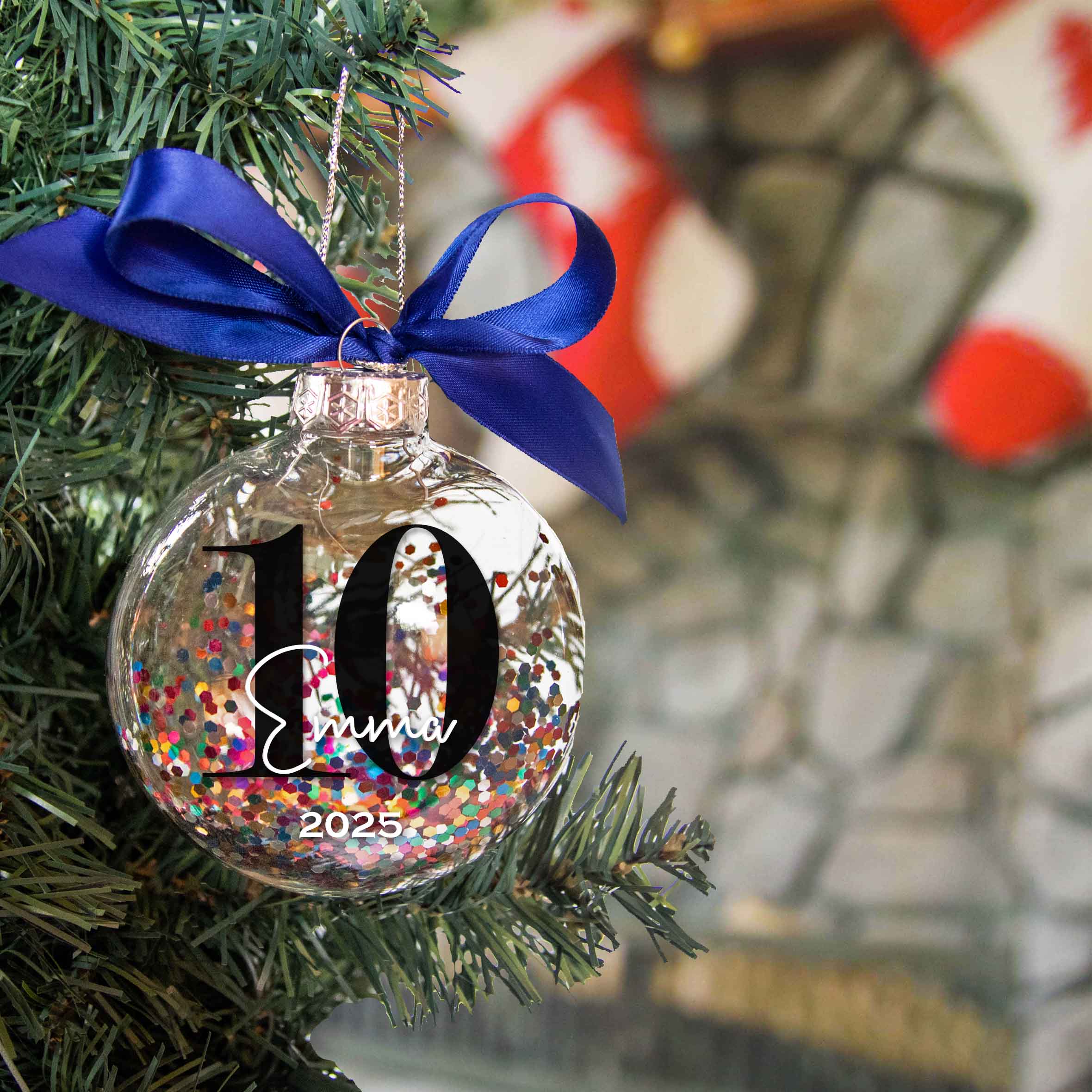 Personalized 10 Double Digits Birthday Christmas Ornament - Multi-colored Glitter Confetti Inside