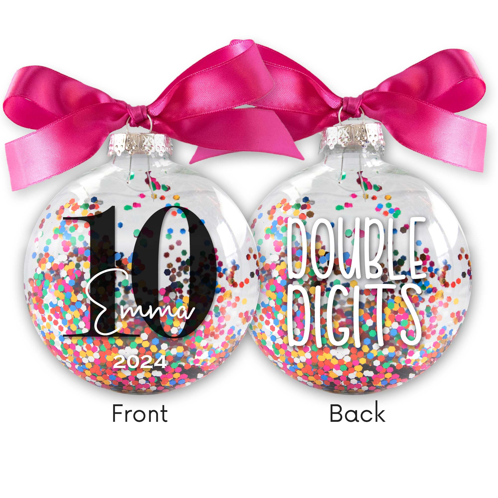 Personalized 10 Double Digits Birthday Christmas Ornament - Multi-colored Glitter Confetti Inside