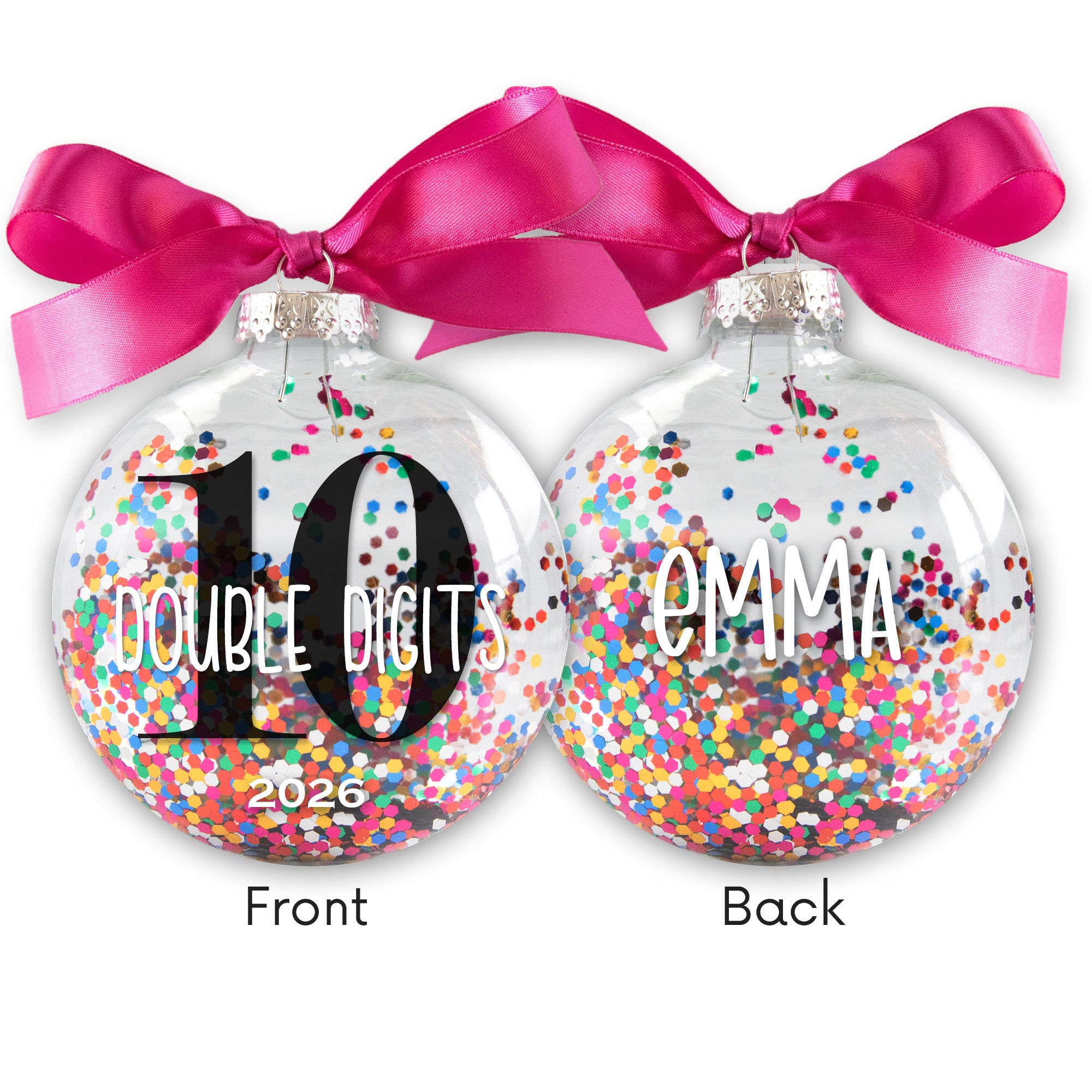 Personalized 10 Double Digits Birthday Christmas Ornament - Multi-colored Glitter Confetti Inside