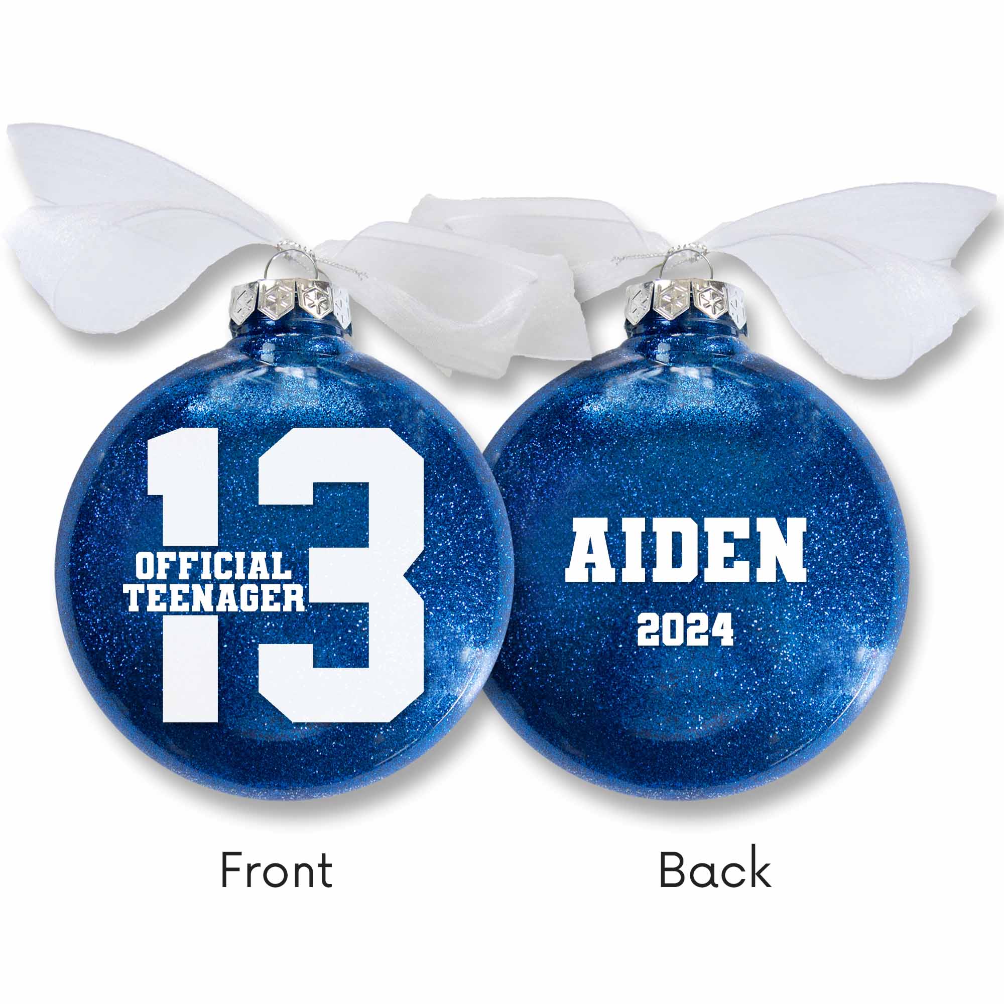 13 Official Teenager Birthday Ornament in royal blue glitter and personalized with name and year