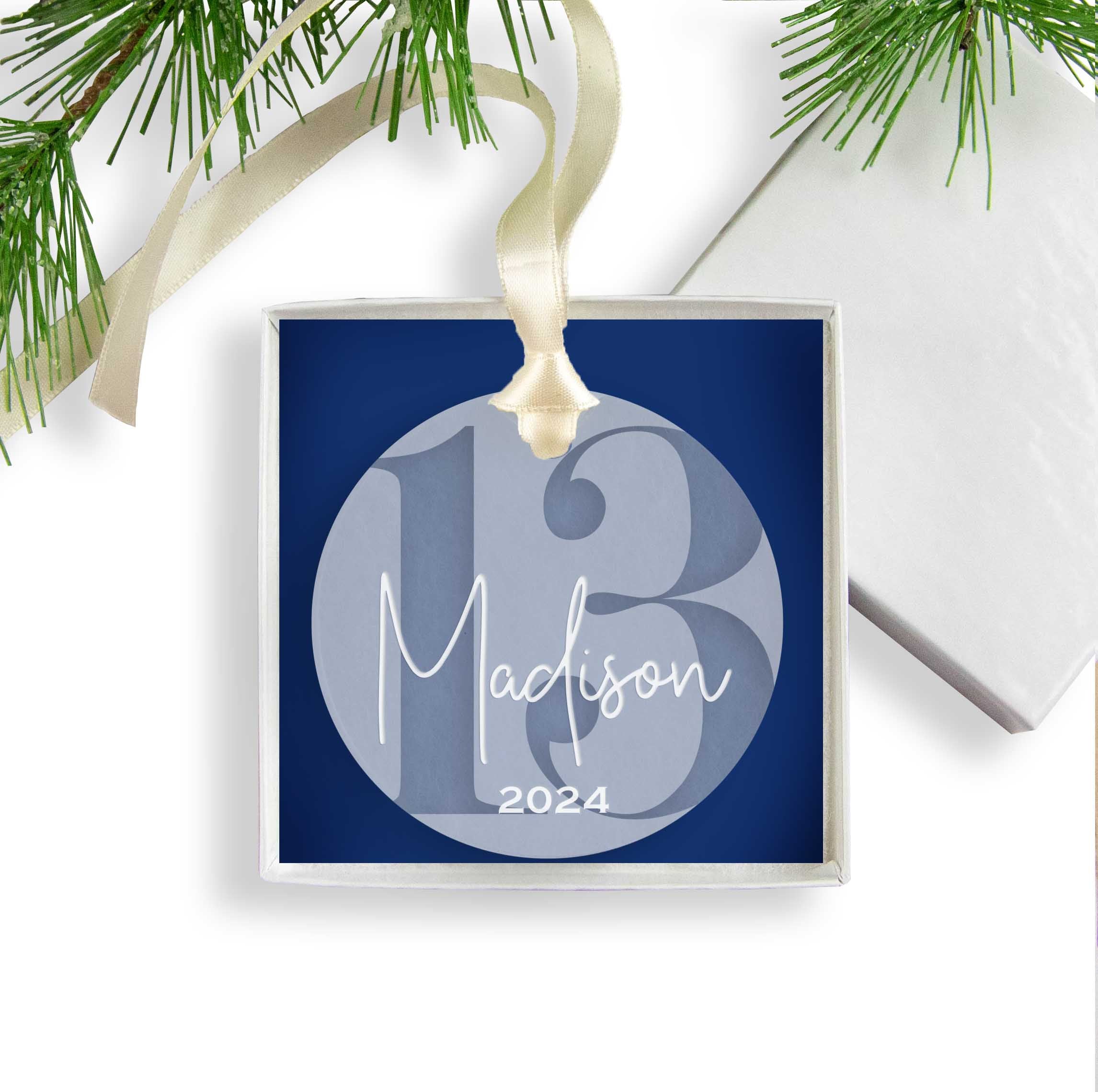 Personalized 13th Birthday Acrylic Christmas Ornament, Gift Box Included