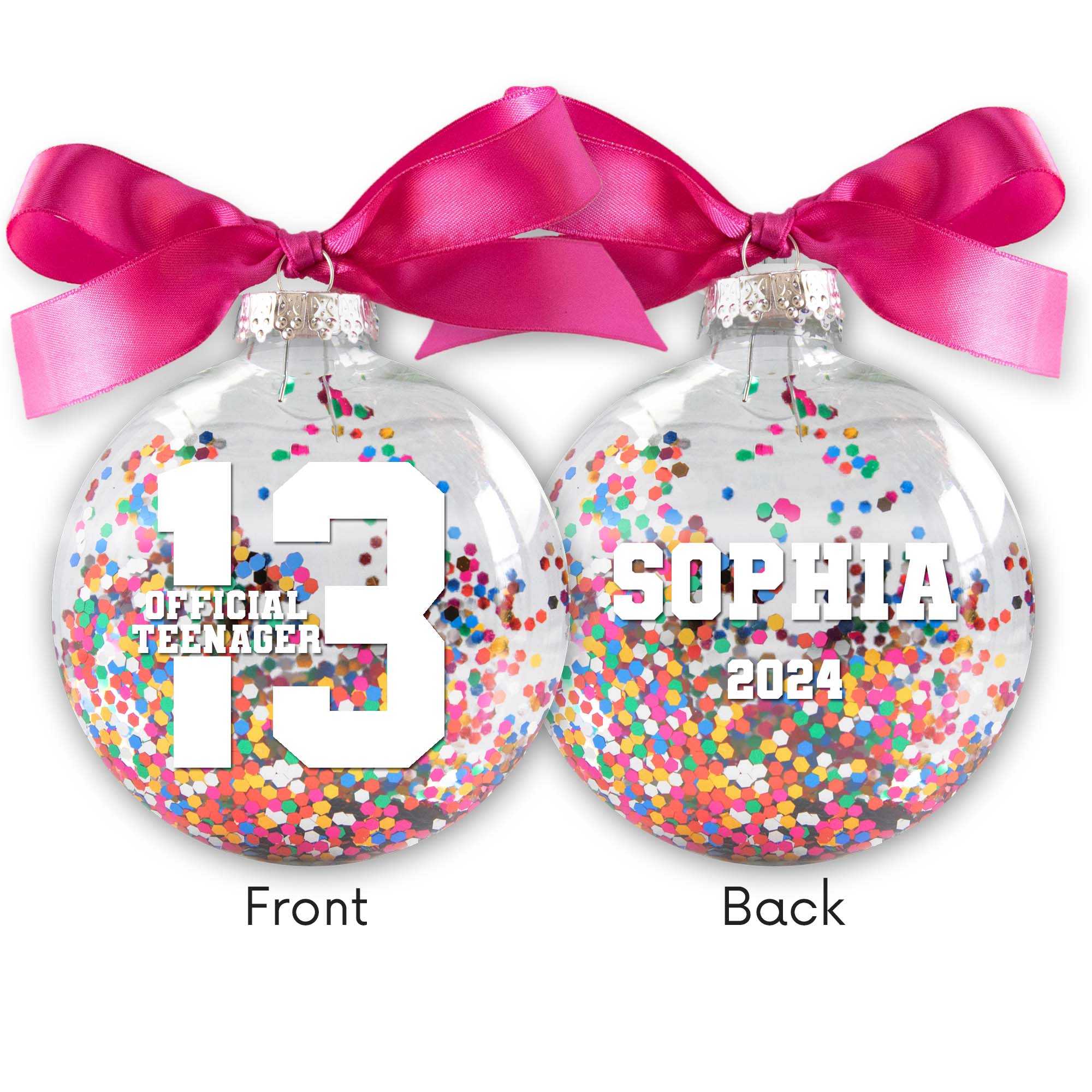 Personalized 13 Official Teenager Birthday Christmas Ornament - Multi-colored Glitter Confetti Inside