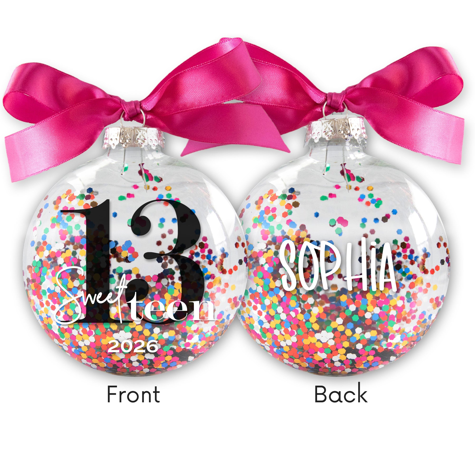 Personalized 13 Sweet Teen Birthday Christmas Ornament - Multi-colored Glitter Confetti Inside