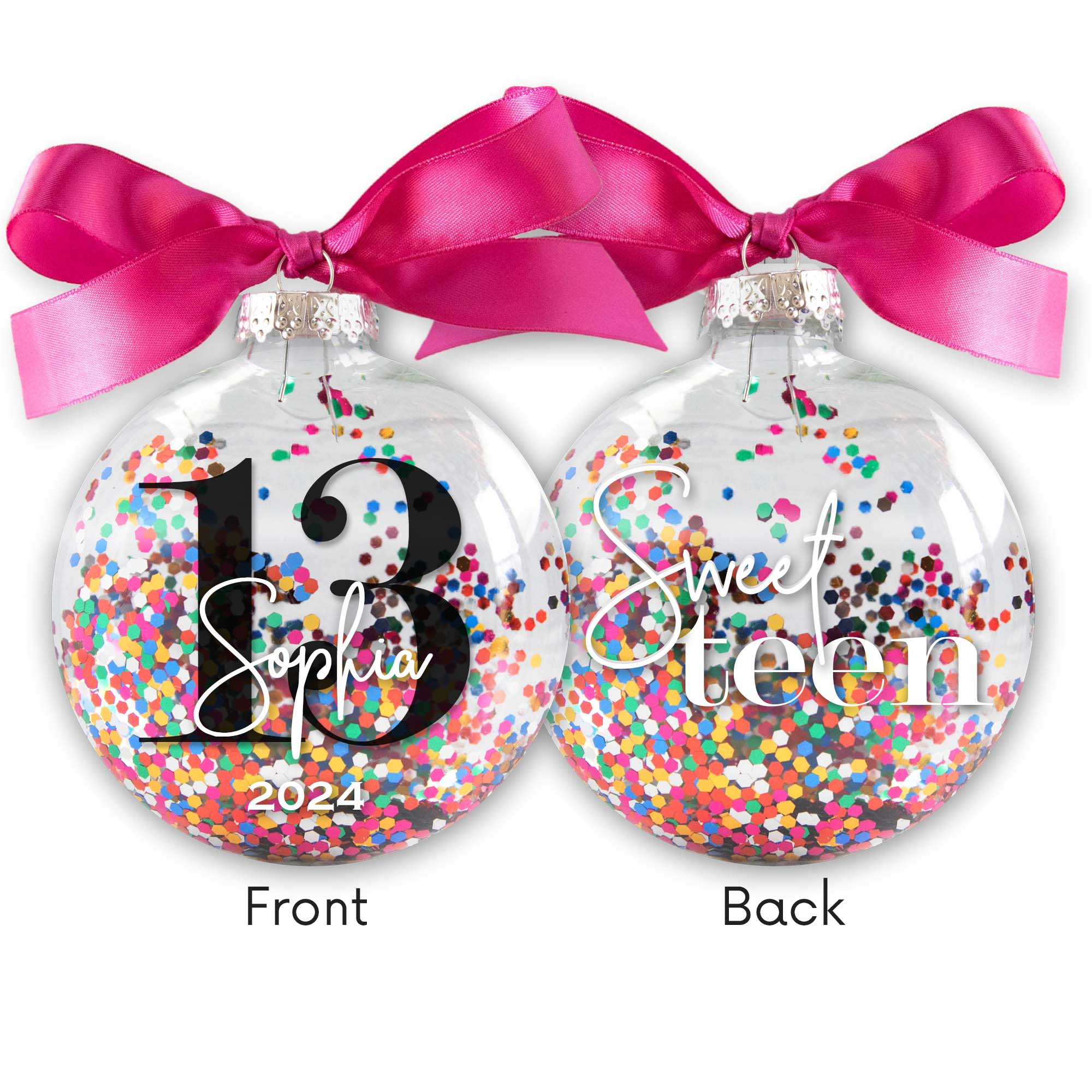 Personalized 13 Sweet Teen Birthday Christmas Ornament - Multi-colored Glitter Confetti Inside