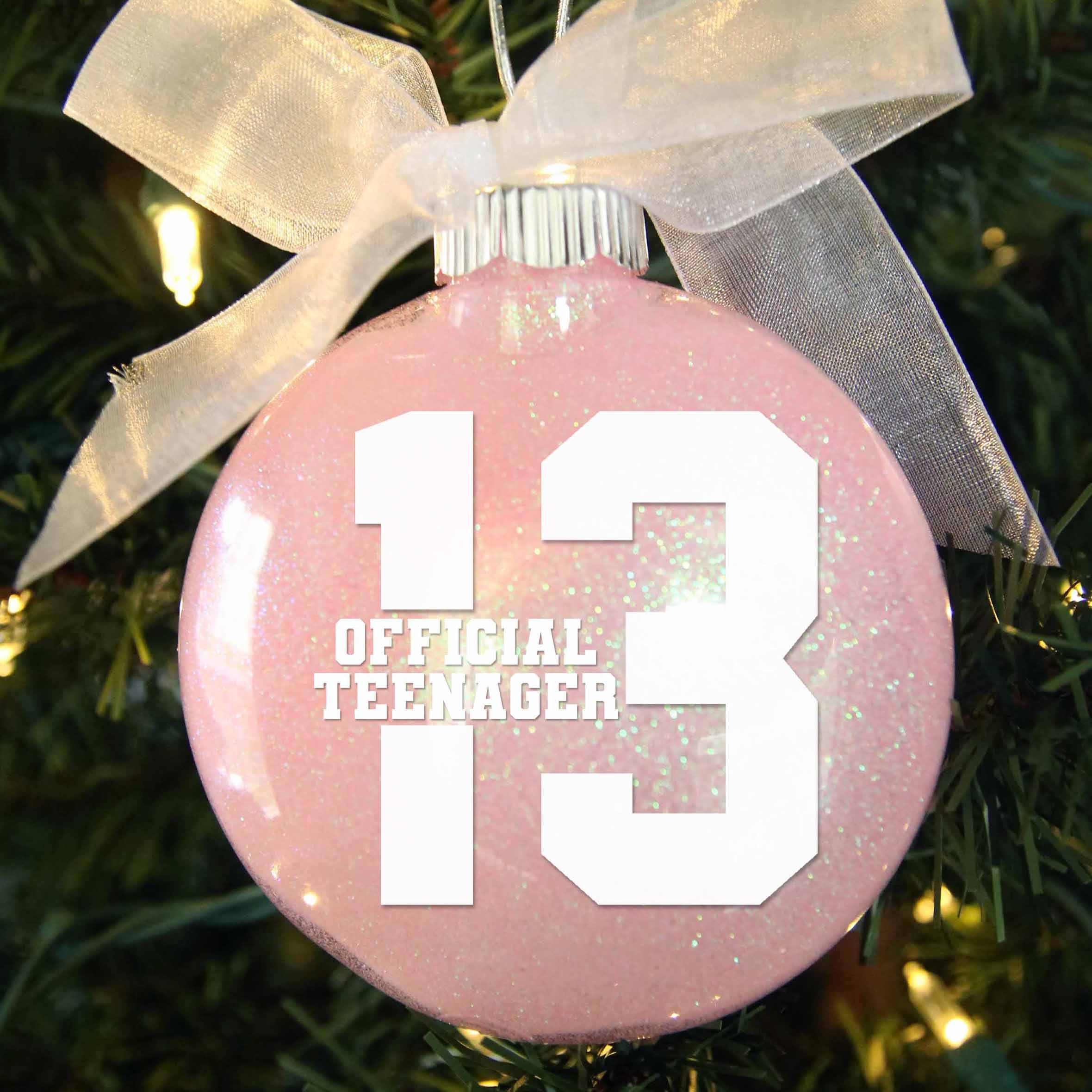 13 Official Teenager Birthday Ornament in light pink glitter