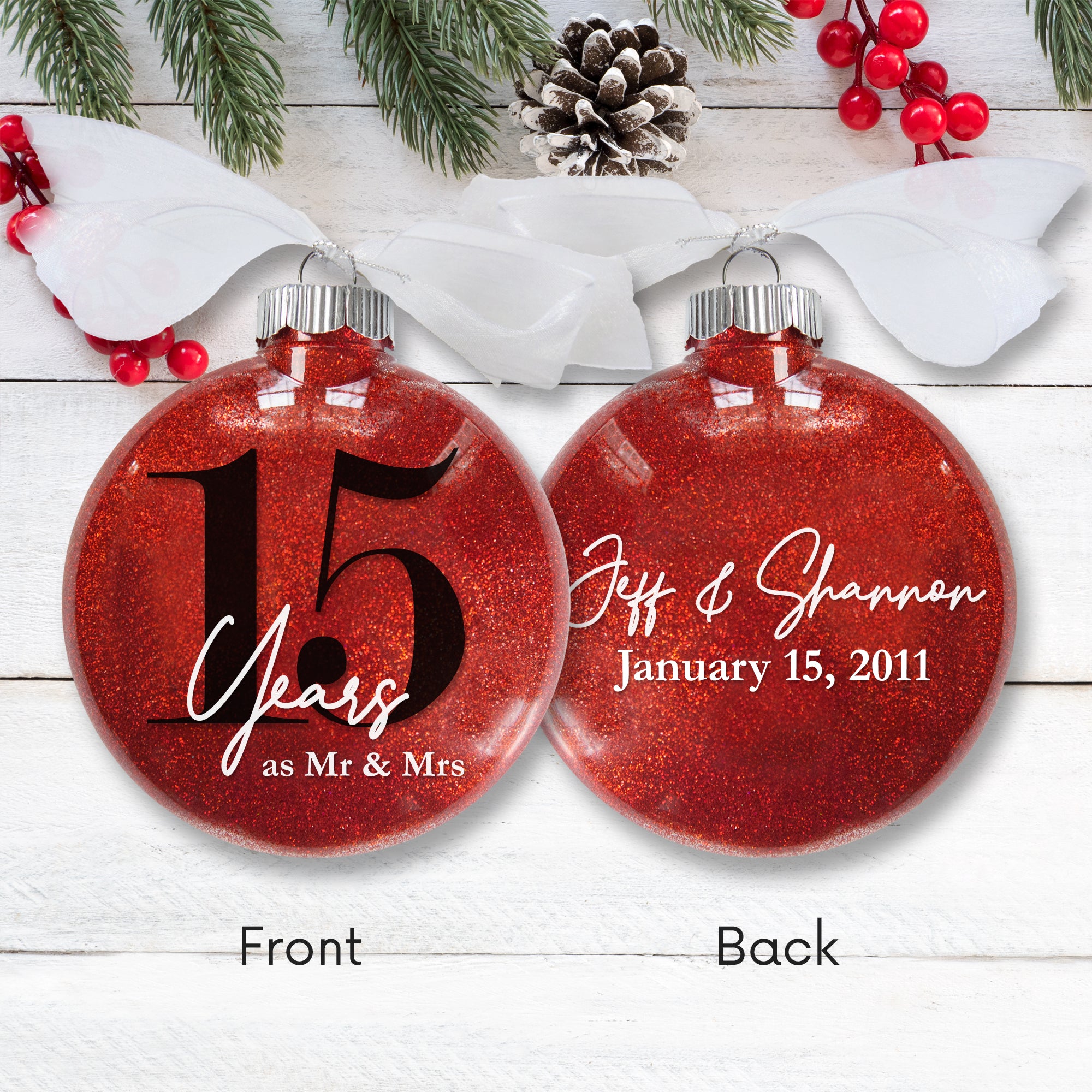 15th Wedding Anniversary Glitter Christmas Ornament