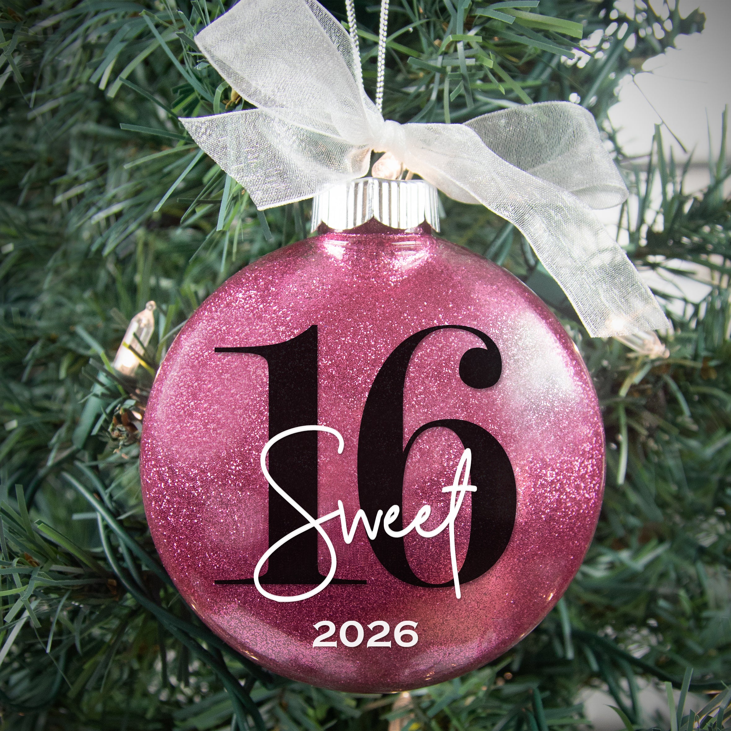 Personalized 16 Sweet Sixteen Birthday Glitter Christmas Ornament - Custom Name & Year Keepsake