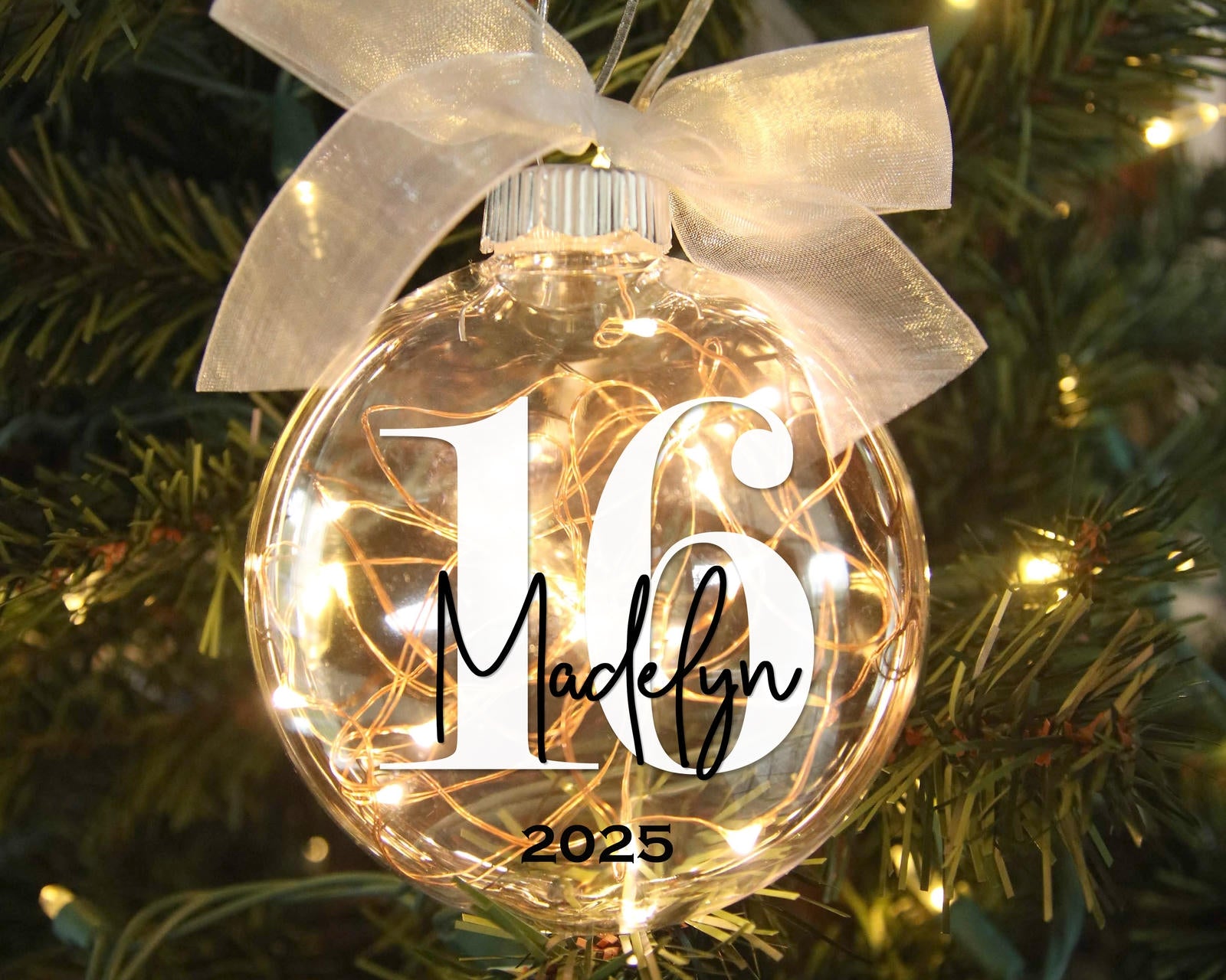 Personalized 16 sweet sixteen lighted christmas ornament in tree
