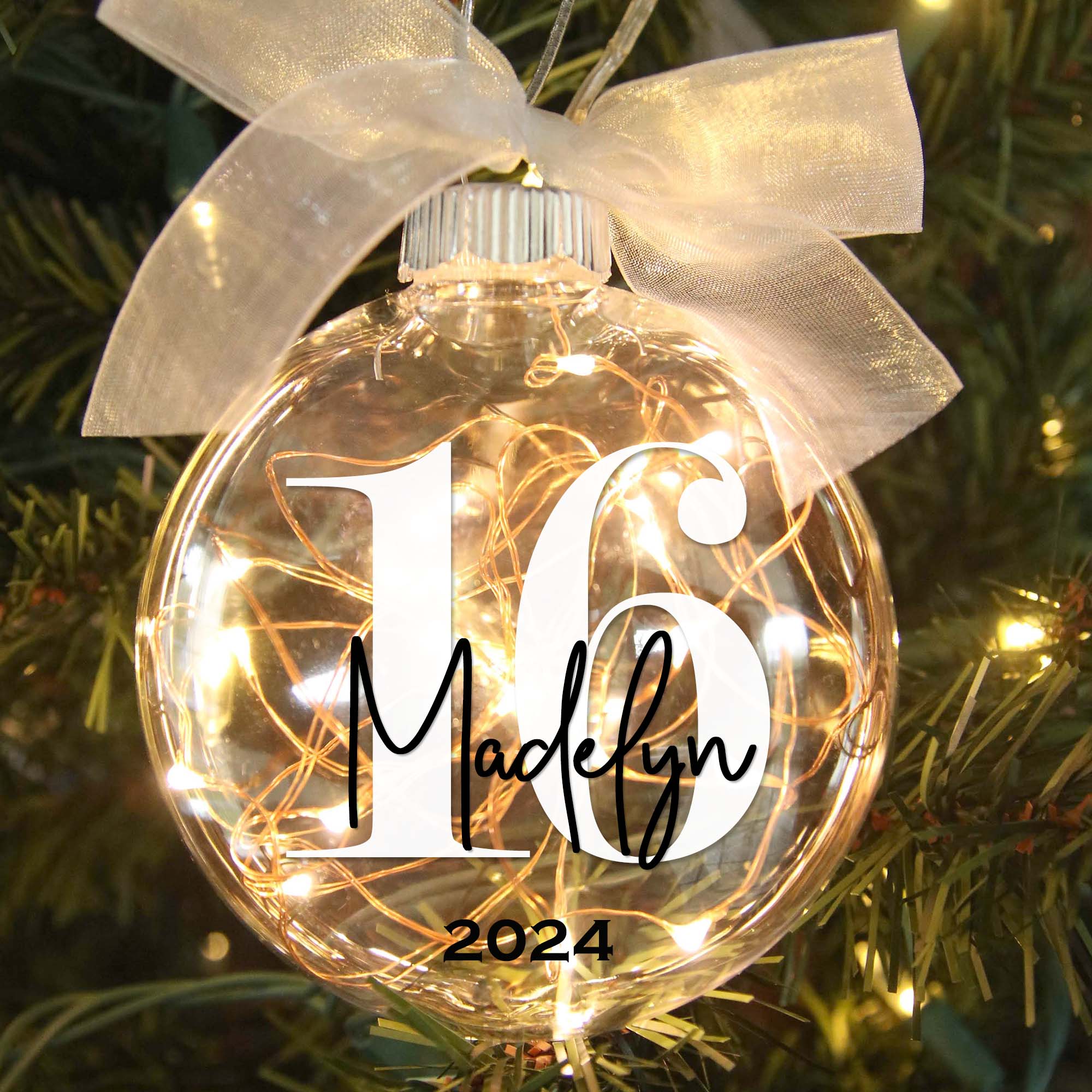 Personalized 16 sweet sixteen lighted christmas ornament in tree