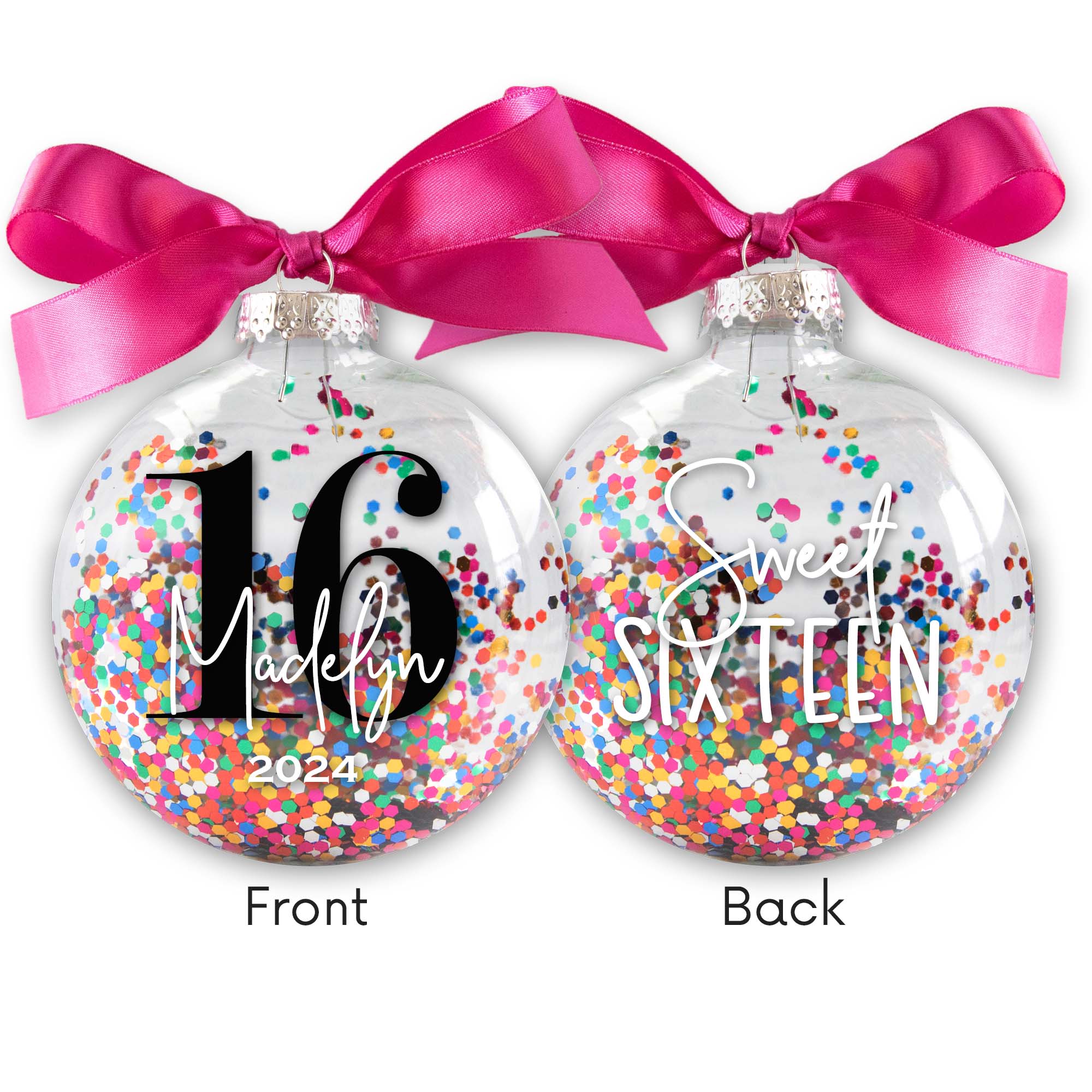 Personalized 16 Sweet Sixteen Birthday Christmas Ornament - Multi-colored Glitter Confetti Inside