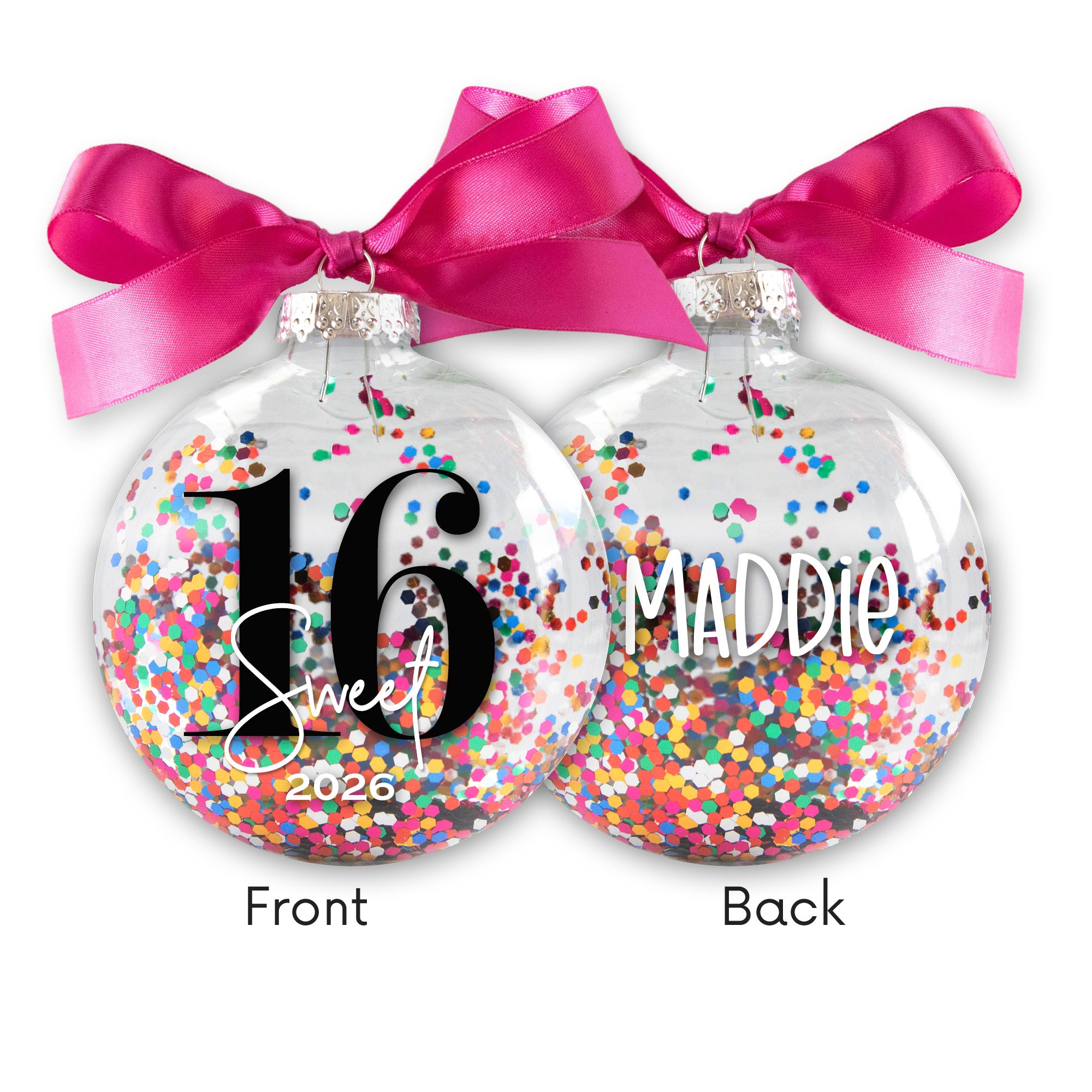 Personalized 16 Sweet Sixteen Birthday Christmas Ornament - Multi-colored Glitter Confetti Inside