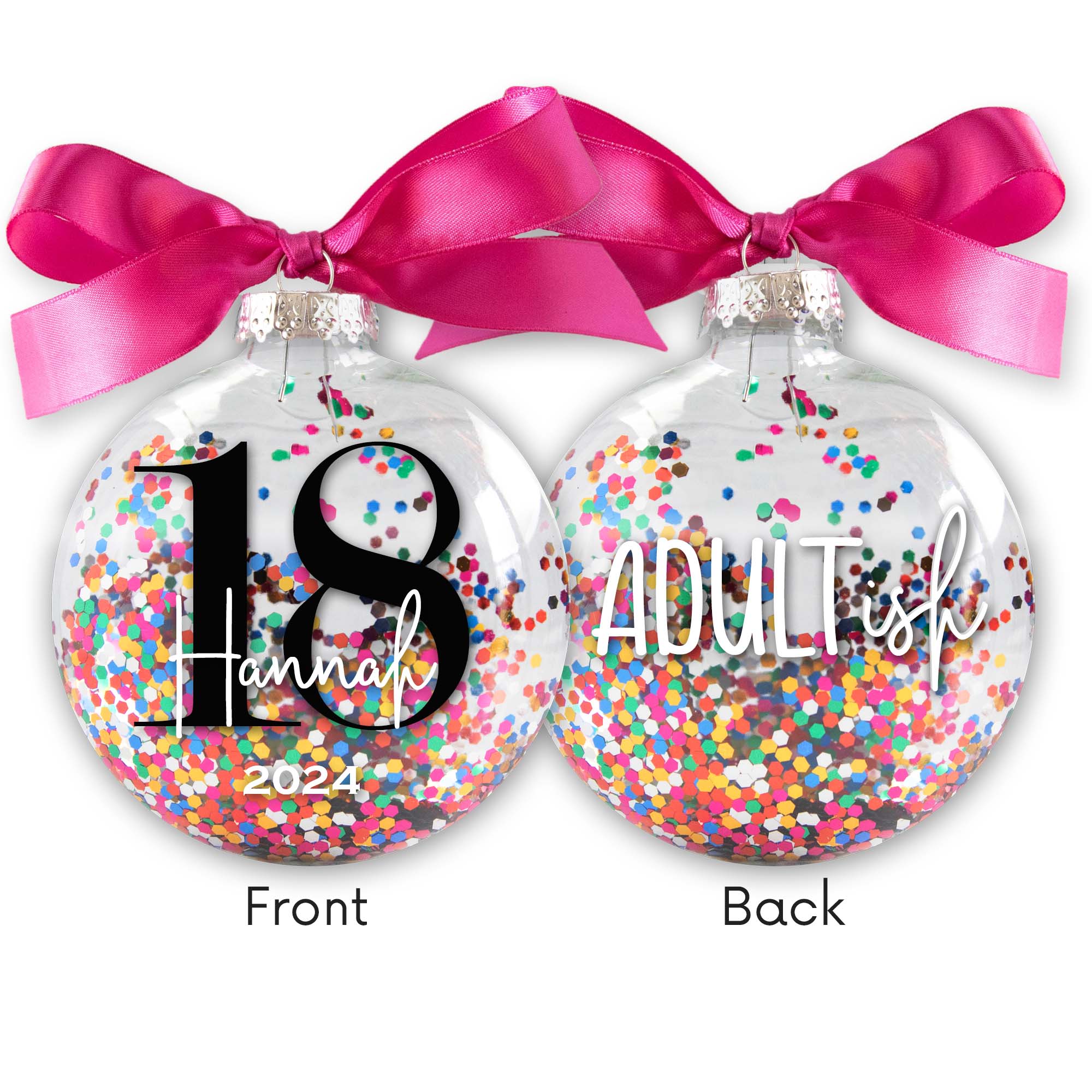 Personalized 18th Adult-ish Birthday Christmas Ornament - Multi-colored Glitter Confetti Inside