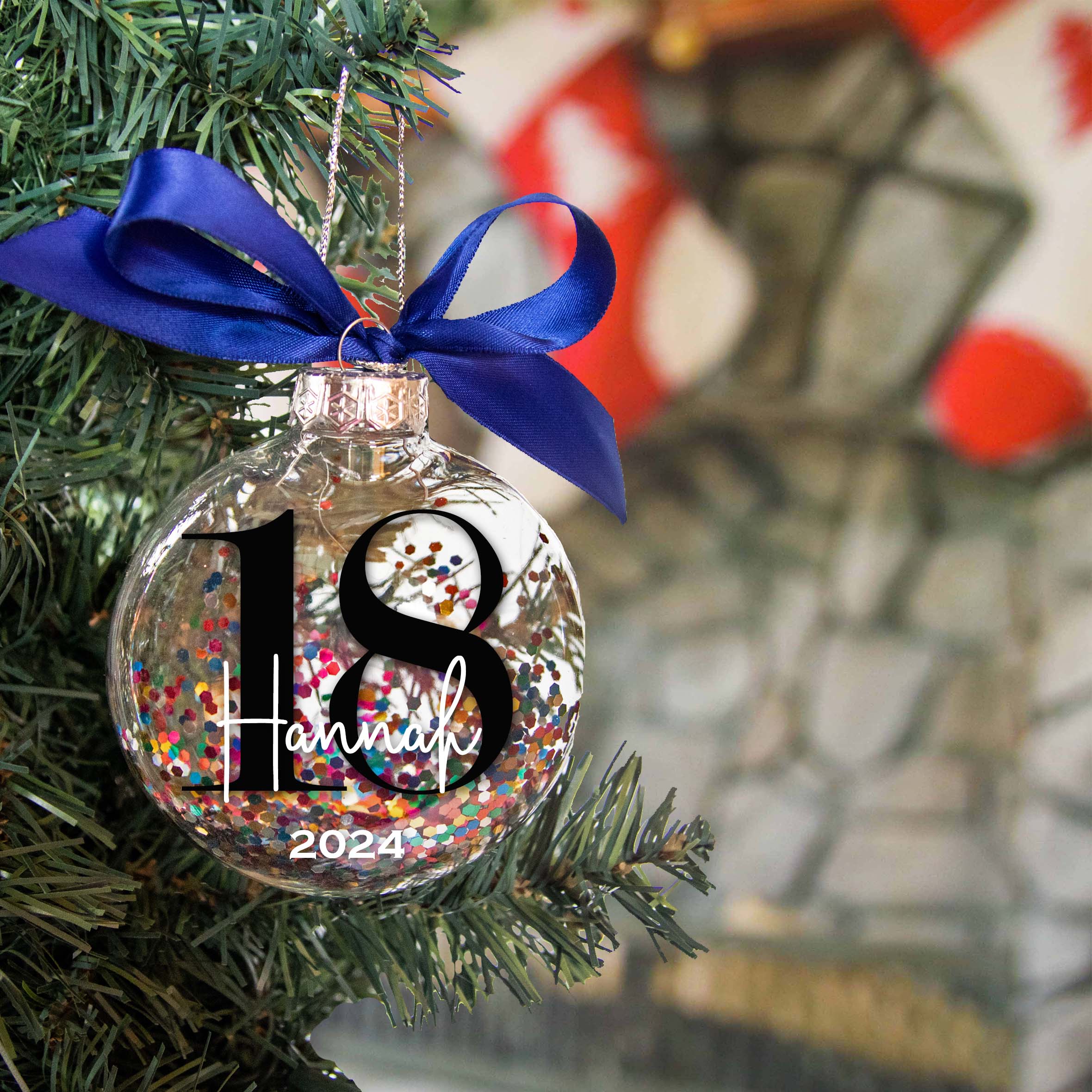 Personalized 18th Adult-ish Birthday Christmas Ornament - Multi-colored Glitter Confetti Inside