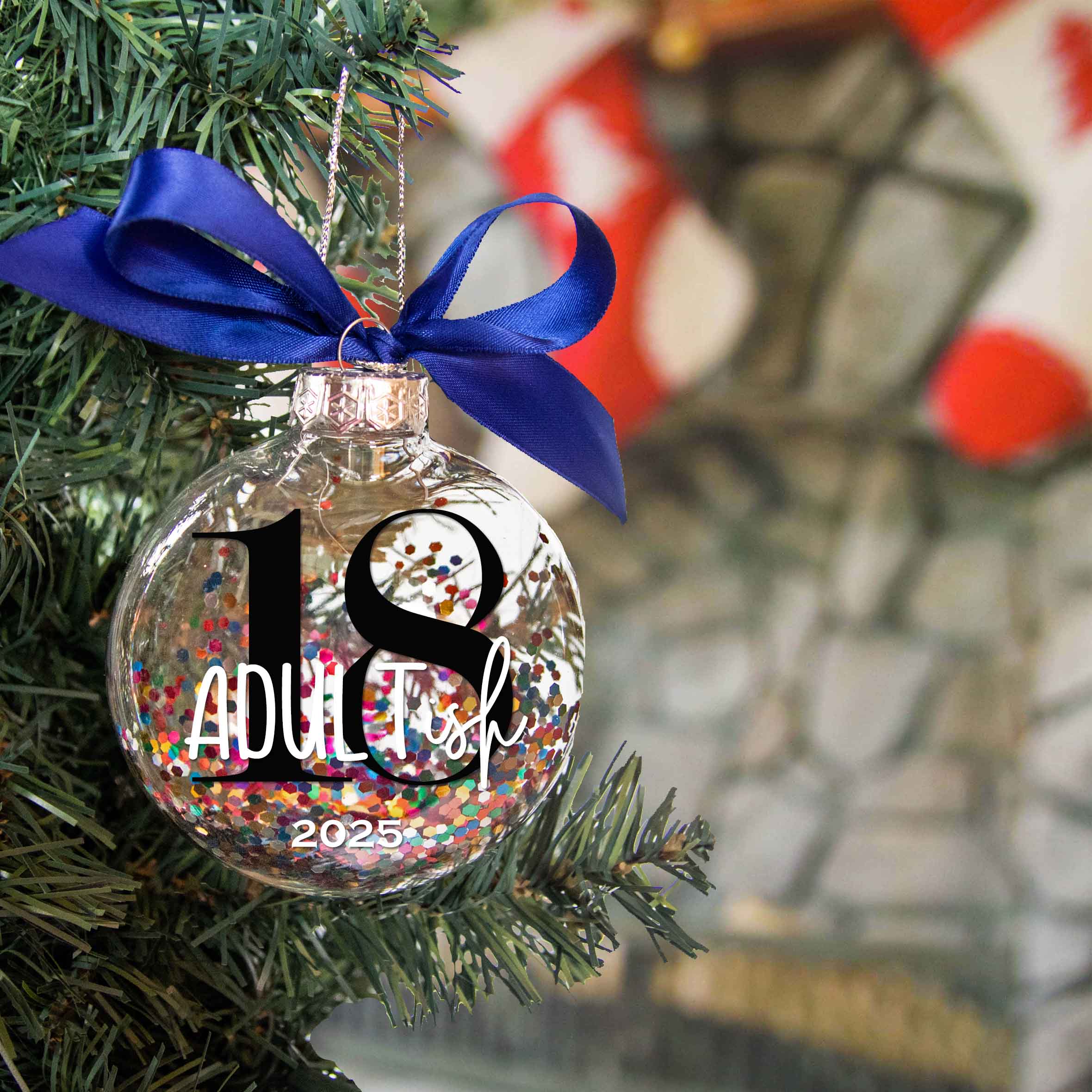 Personalized 18th Adult-ish Birthday Christmas Ornament - Multi-colored Glitter Confetti Inside