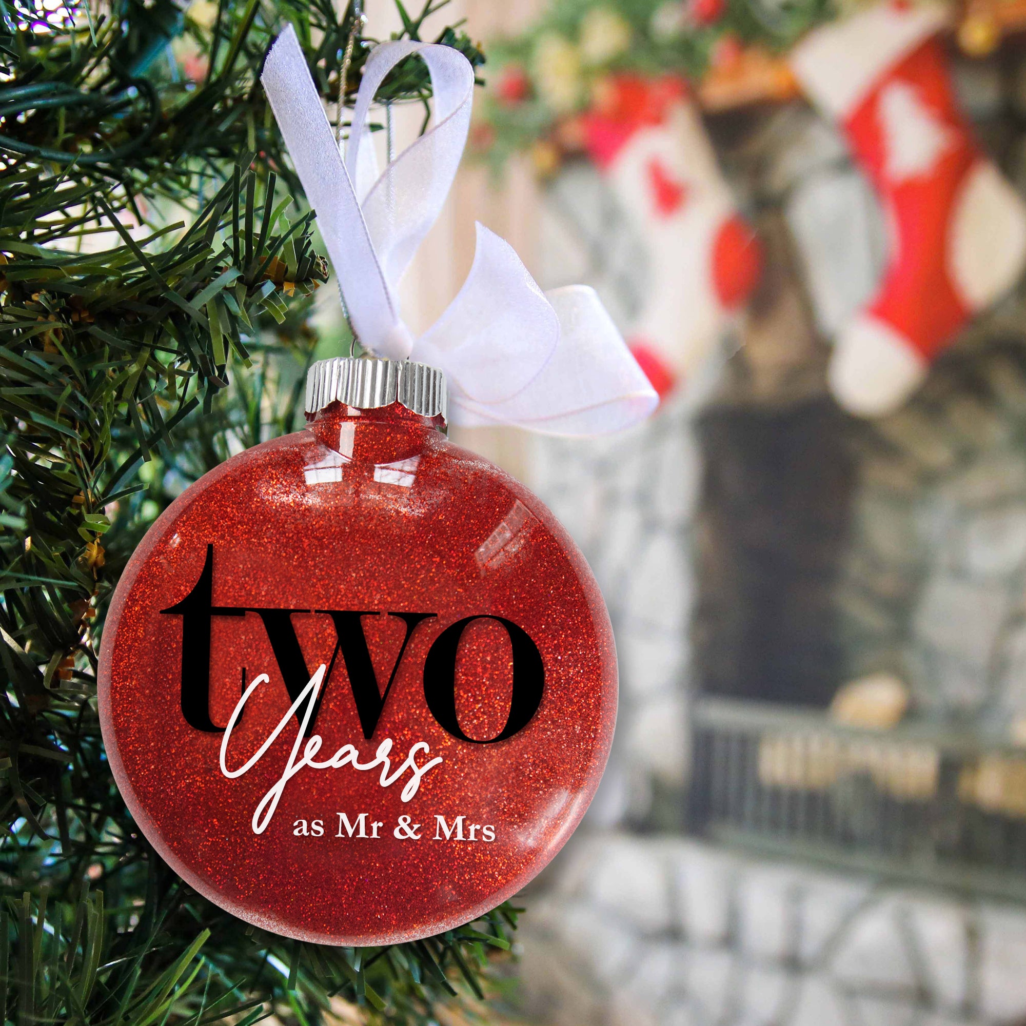2nd Wedding Anniversary Glitter Christmas Ornament