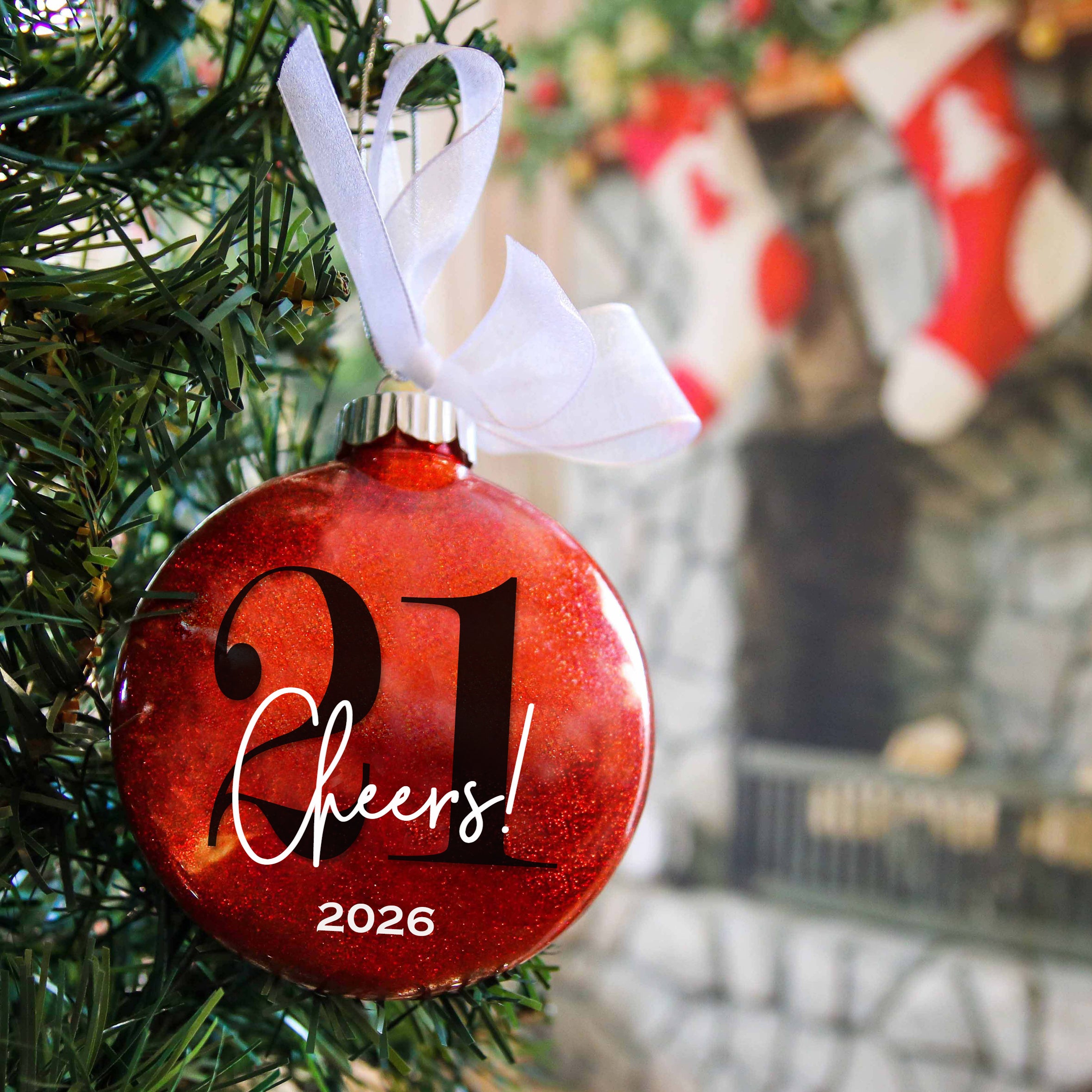 Personalized 21st Birthday Glitter Christmas Ornament - Cheers to Twenty-One Years