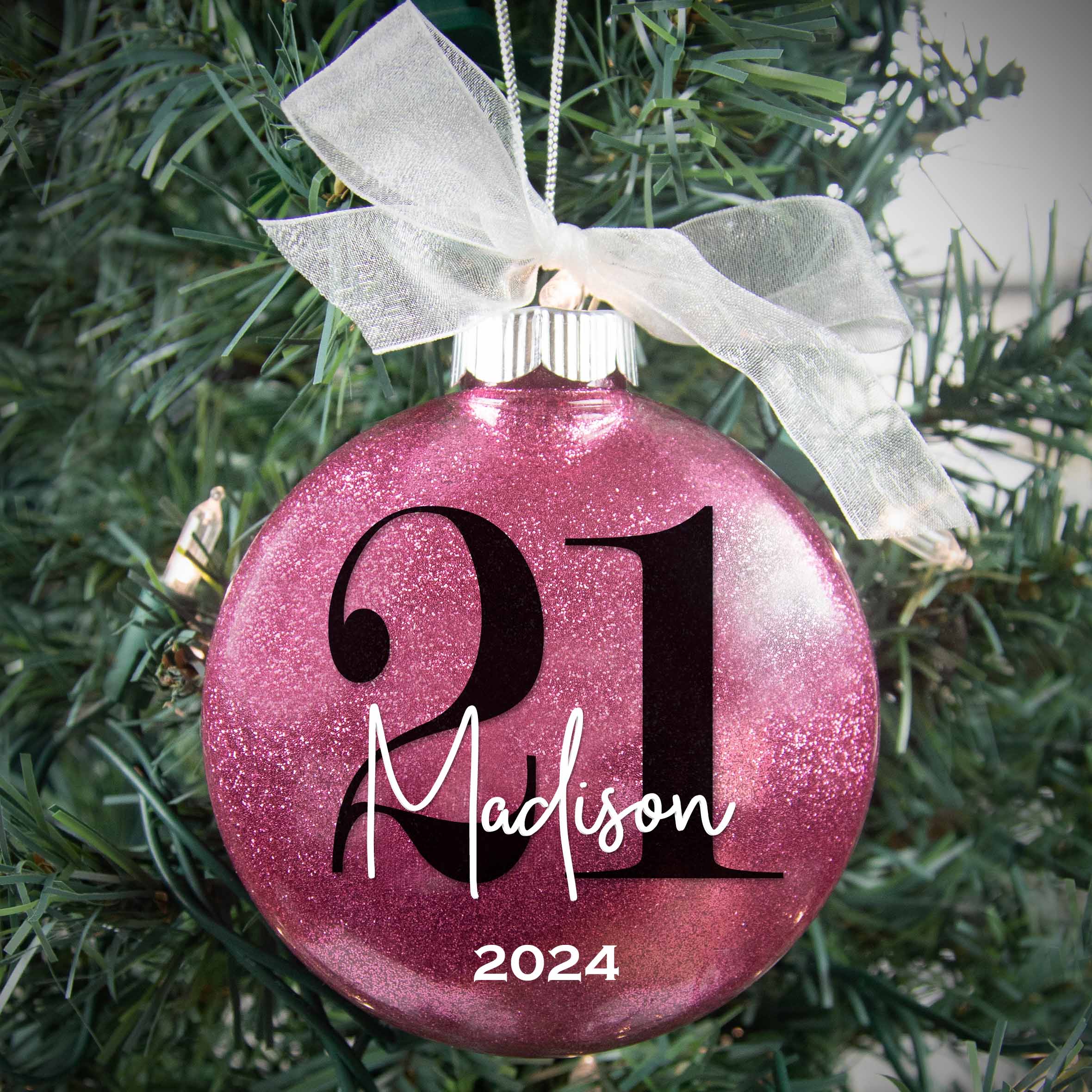 Personalized 21st birthday glitter ornament in raspberry pink