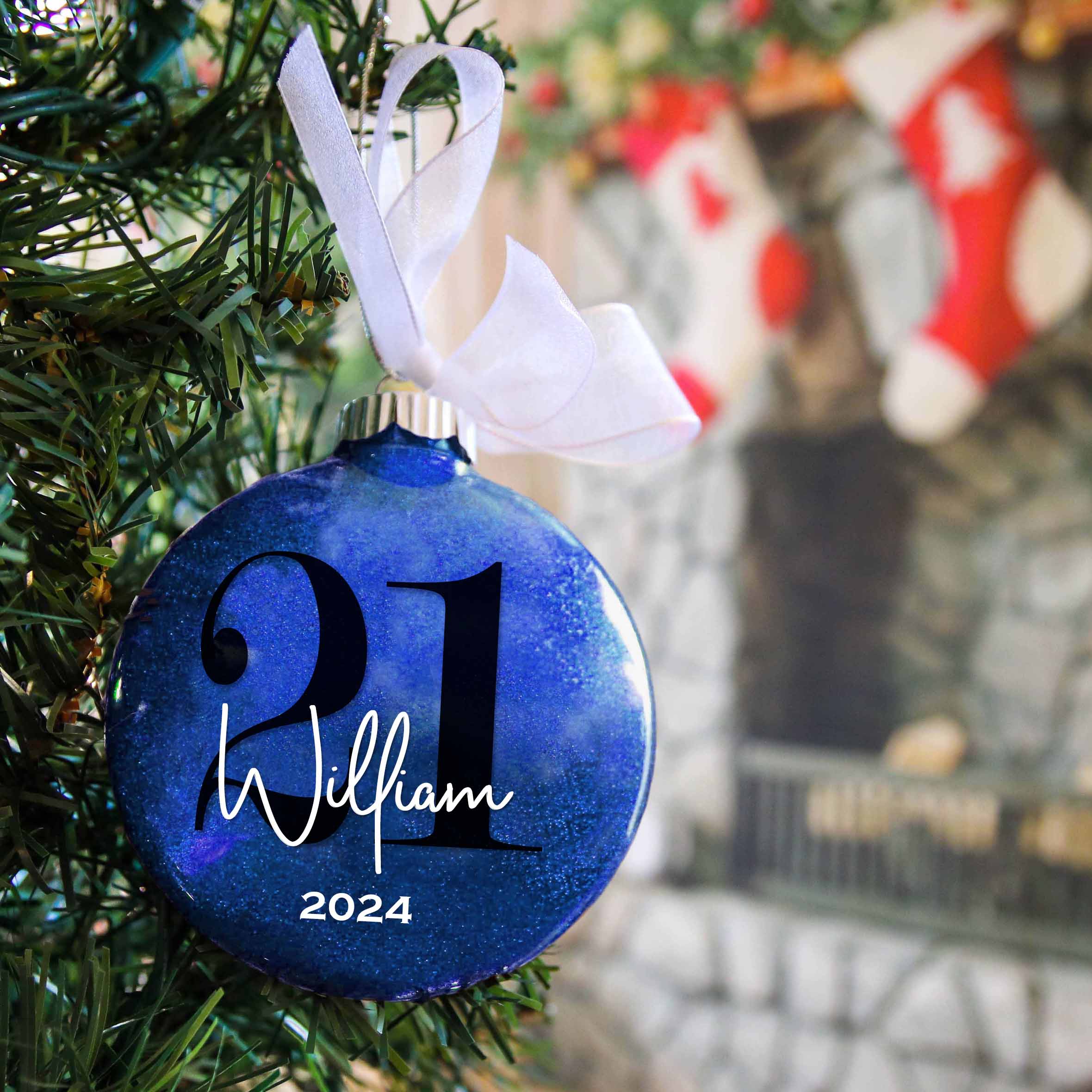 Personalized 21st birthday glitter ornament in royal blue