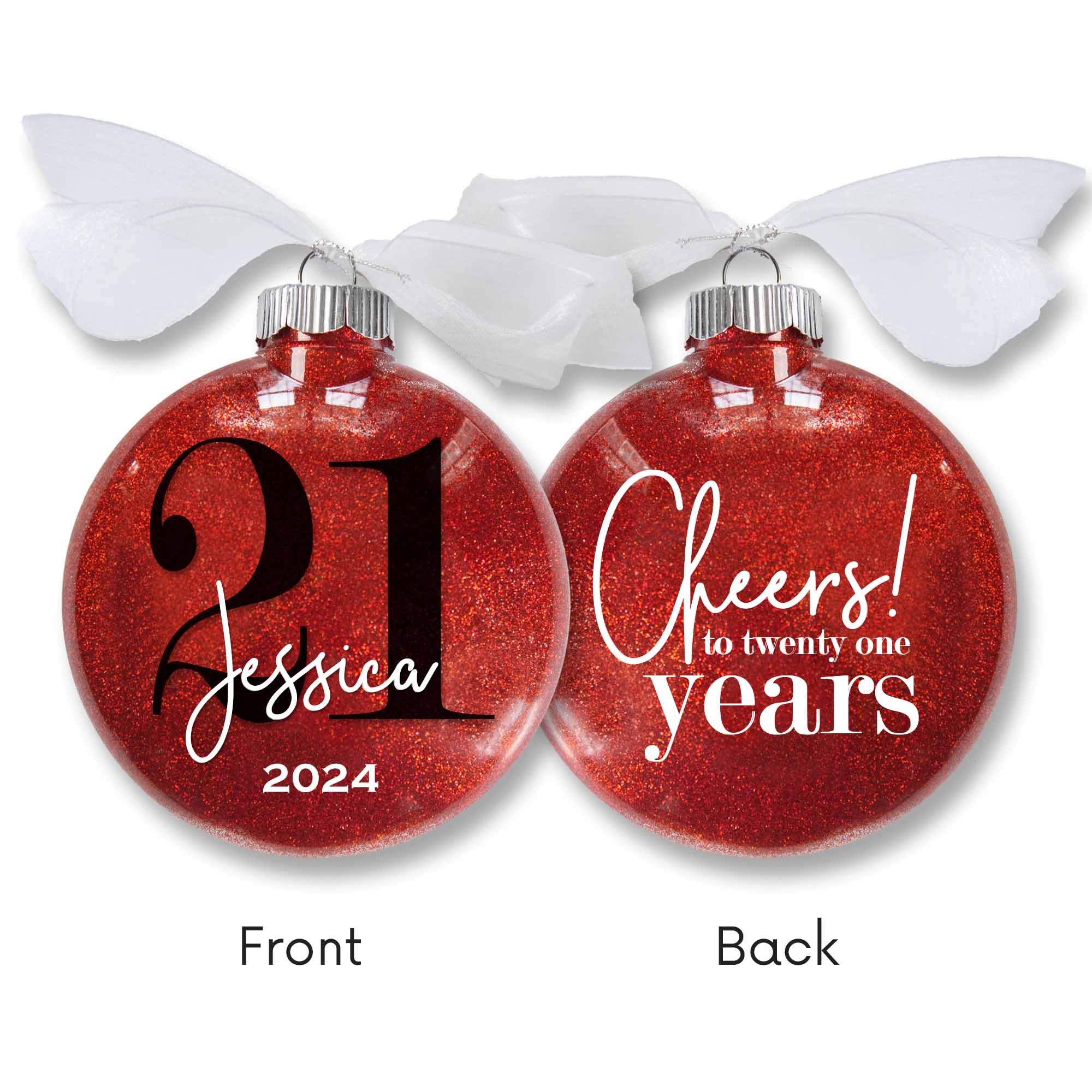 Personalized 21st birthday Christmas ornament in red