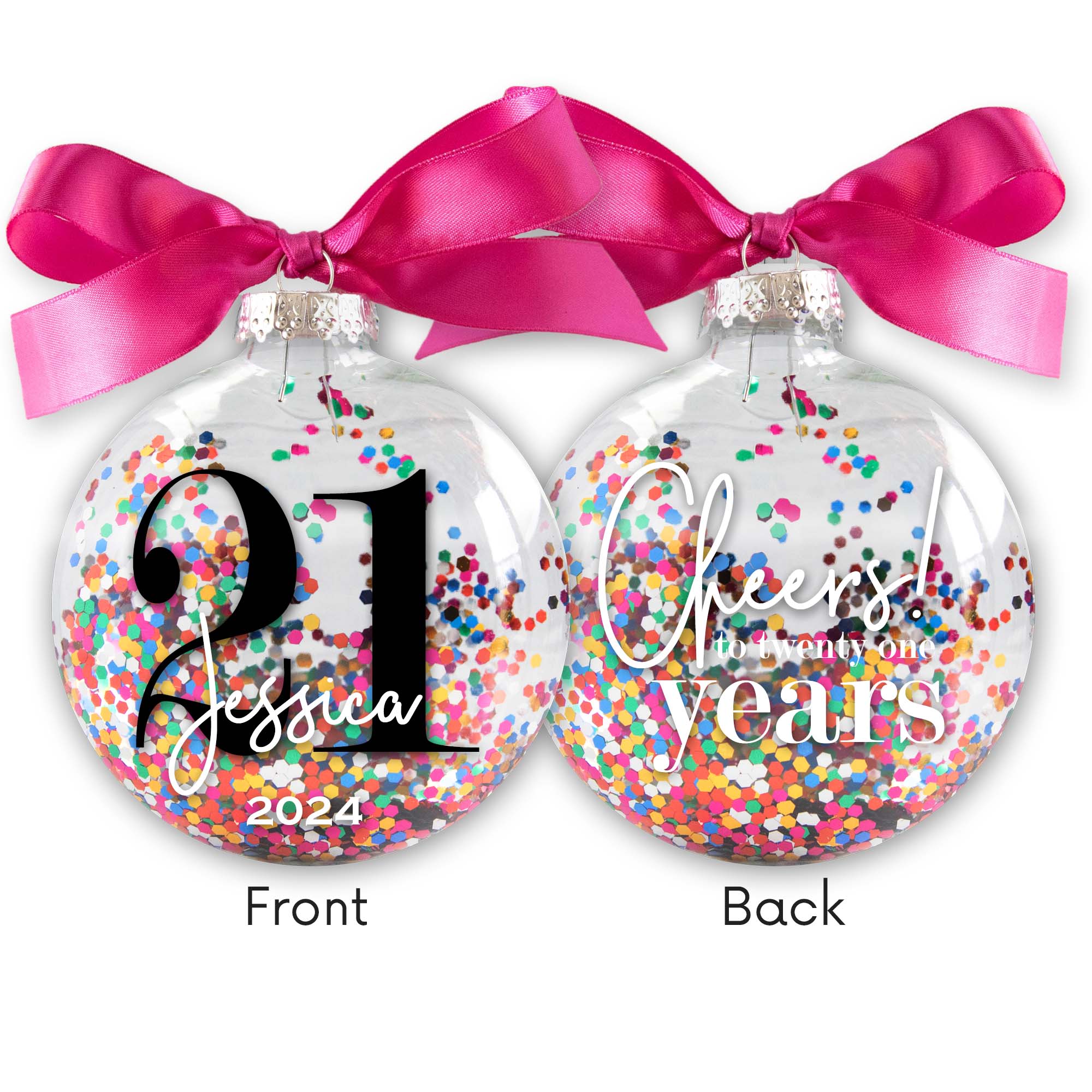 Personalized 21st Birthday Christmas Ornament - Multi-colored Glitter Confetti Inside