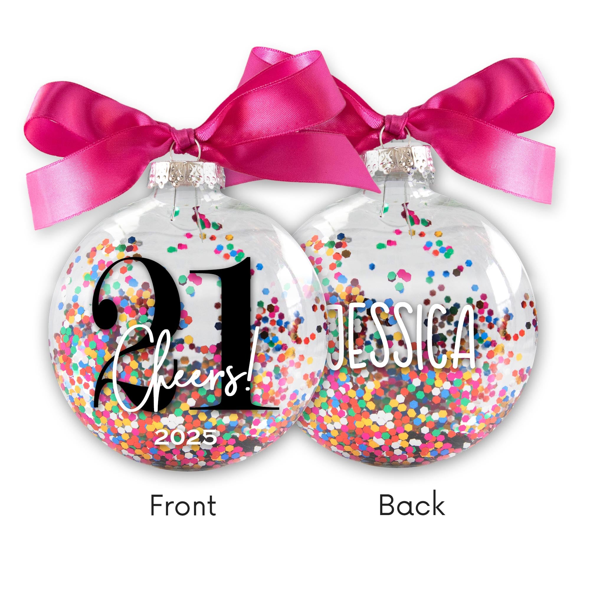 Personalized 21st Birthday Christmas Ornament - Multi-colored Glitter Confetti Inside