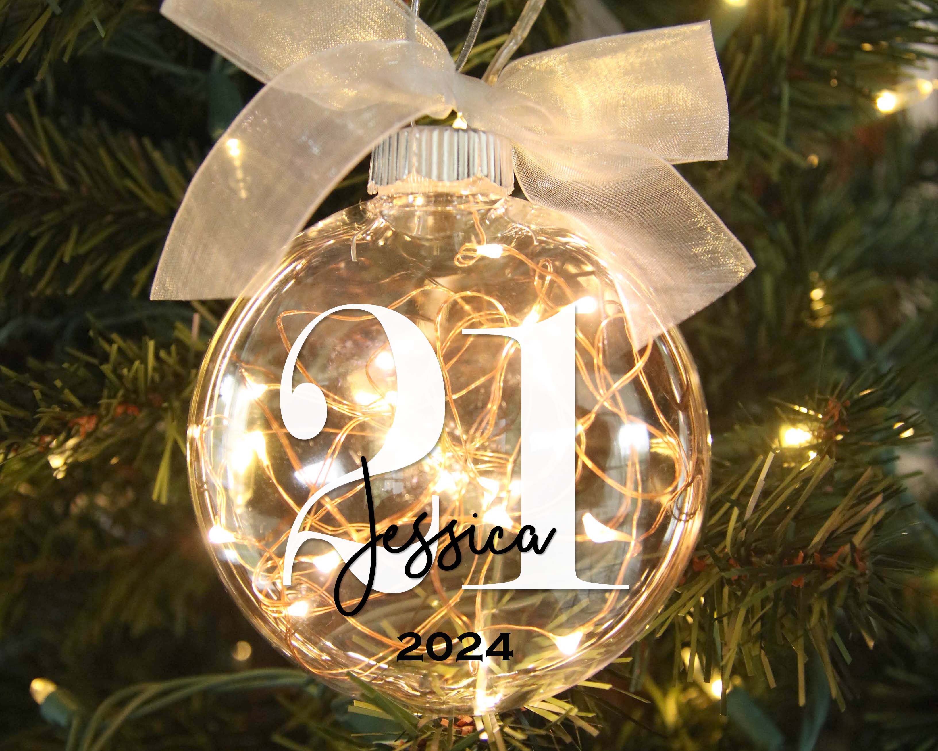 Personalized 21st birthday light-up ornament-in-tree