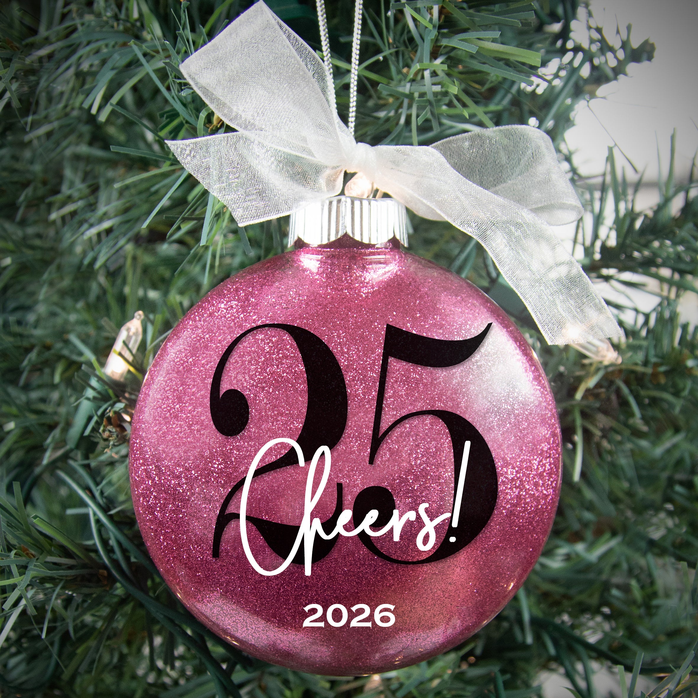 Personalized 25th Birthday Glitter Christmas Ornament - Custom Name & Year
