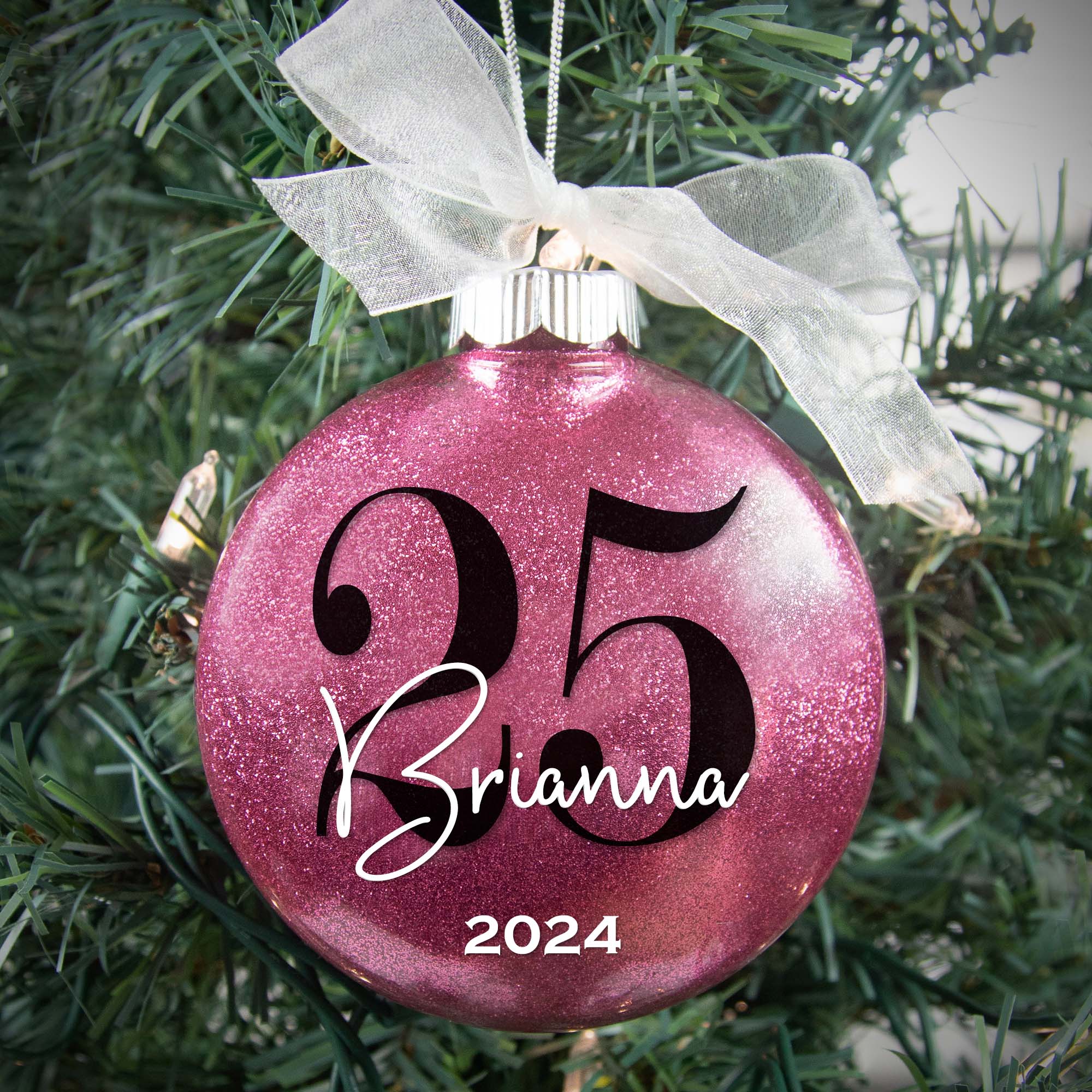 Personalized 25th Birthday Glitter Christmas Ornament - Custom Name & Year