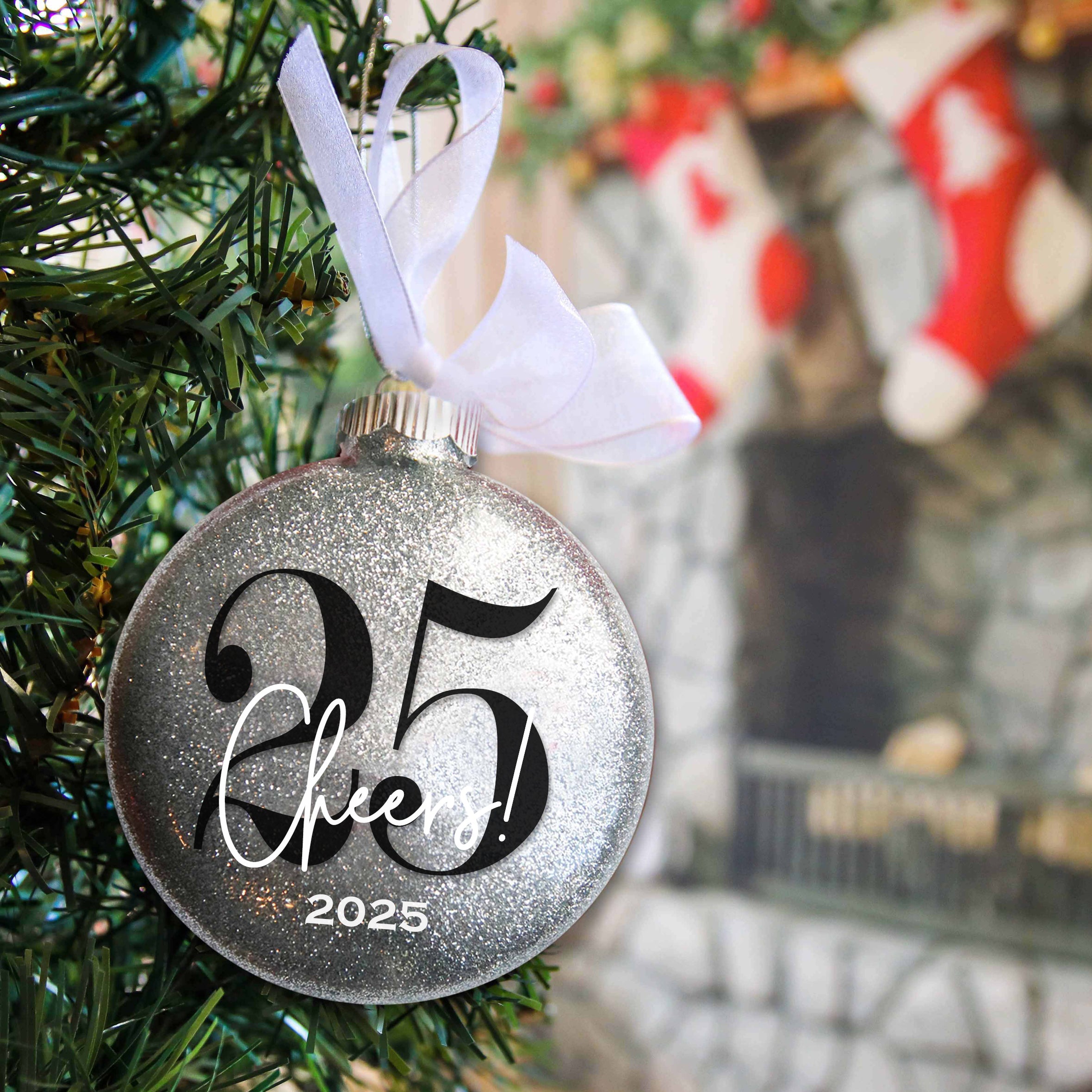 Personalized 25th Birthday Glitter Christmas Ornament - Custom Name & Year