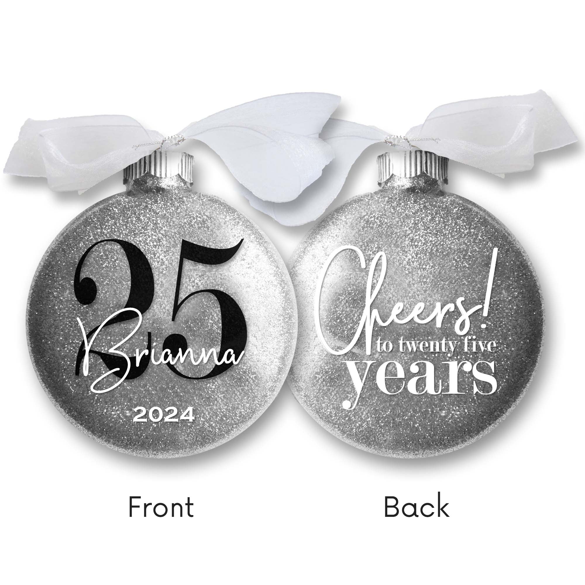 Personalized 25th Birthday Glitter Christmas Ornament - Custom Name & Year