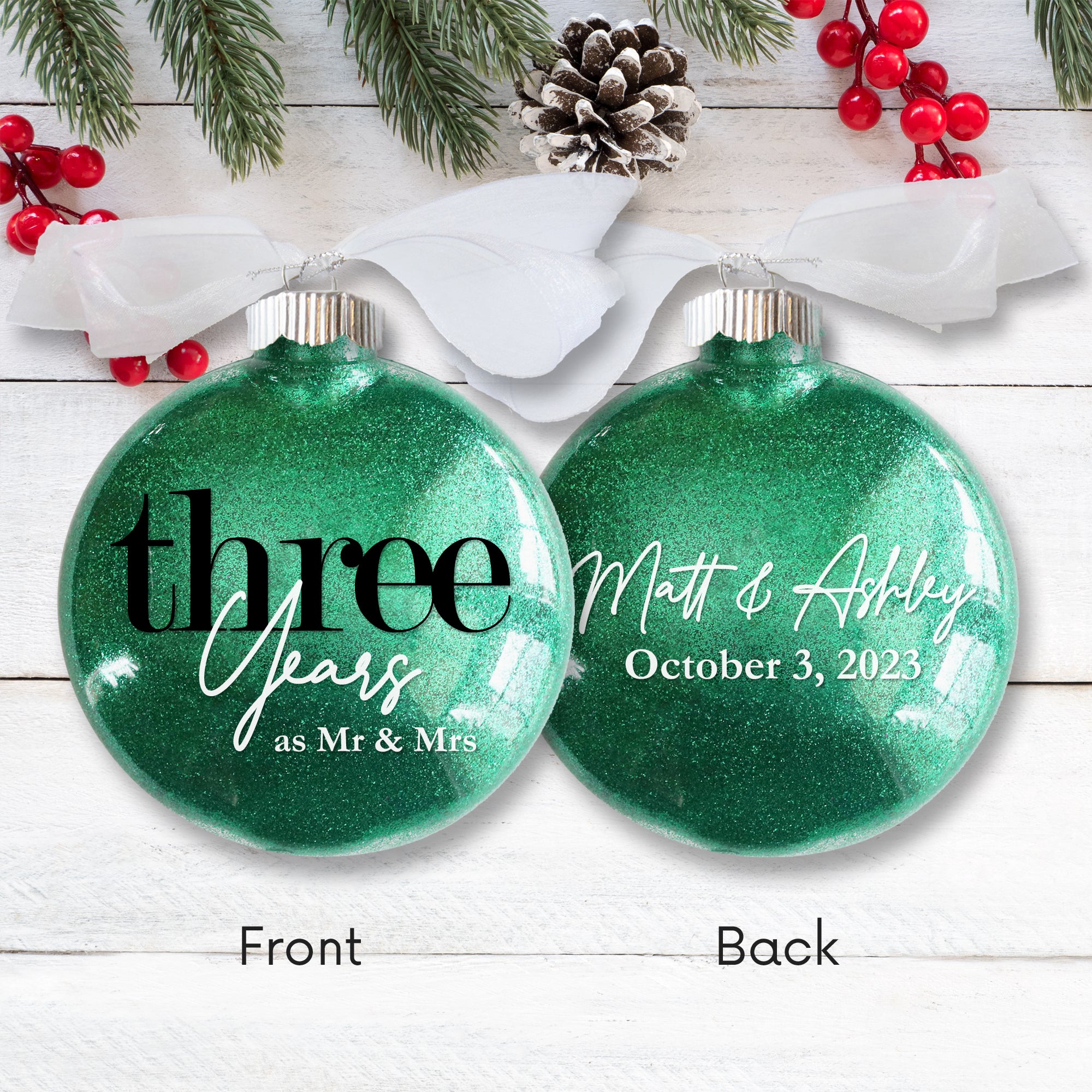 3rd Wedding Anniversary Glitter Christmas Ornament