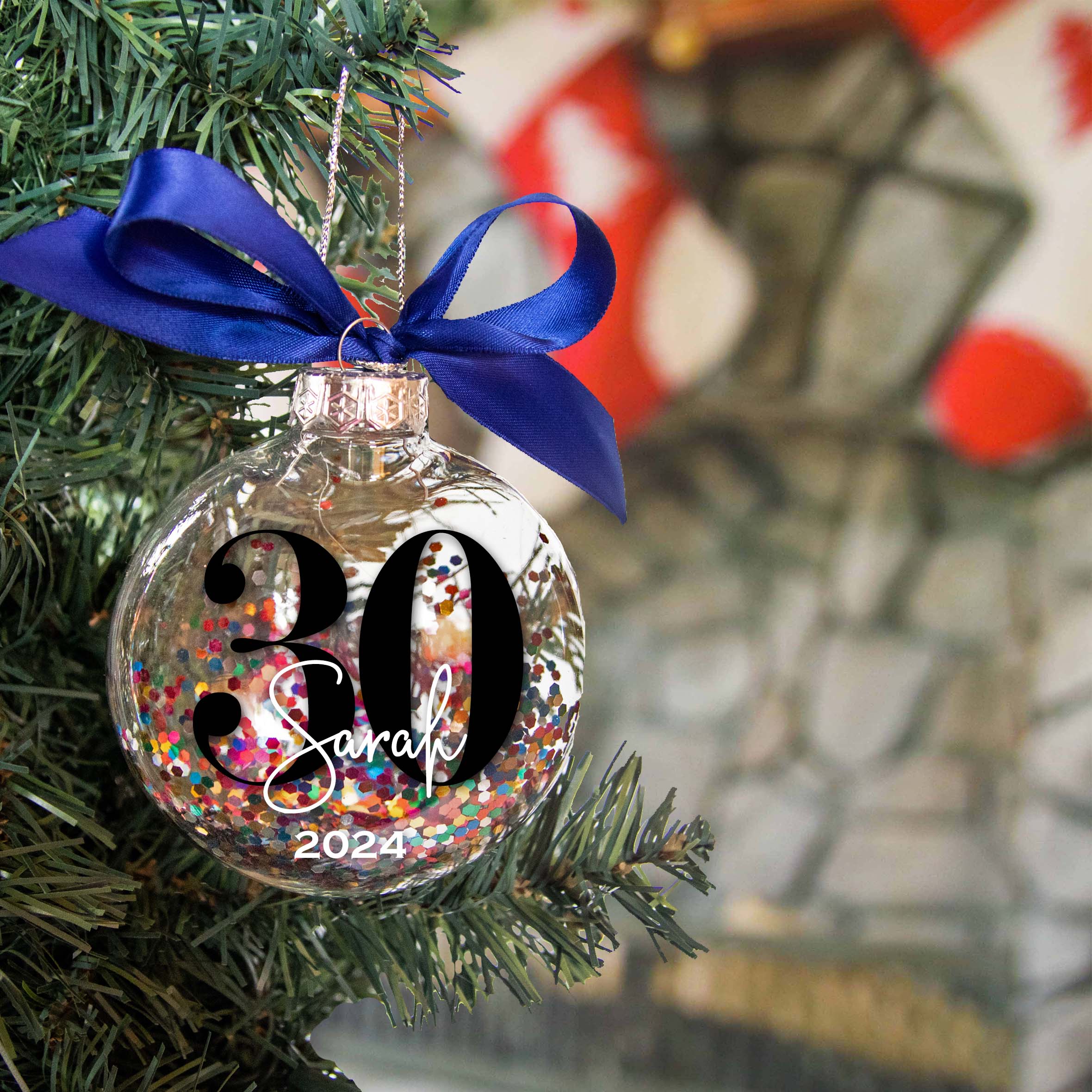 Personalized 30th Birthday Christmas Ornament - Multi-colored Glitter Confetti Inside