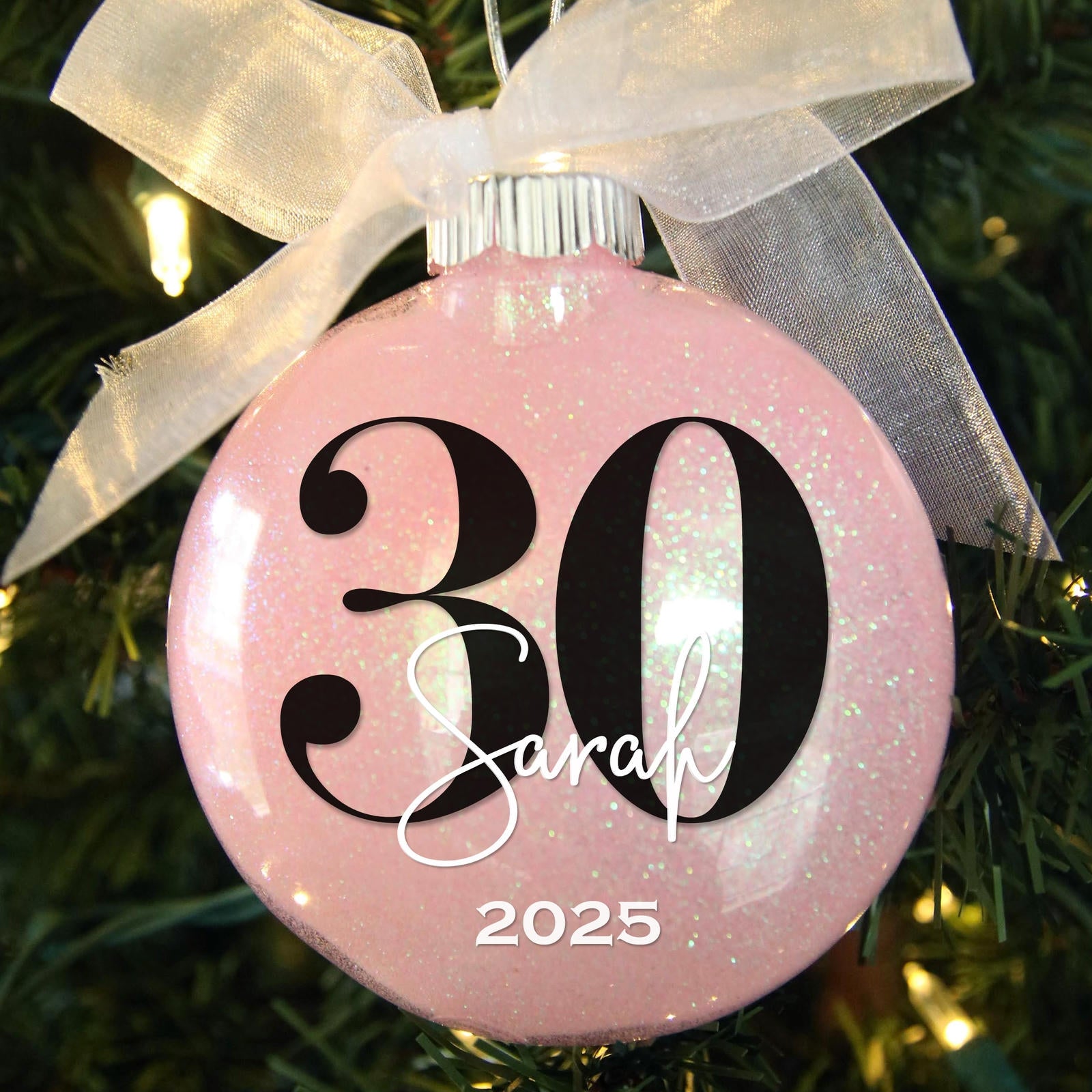 Personalized 30th Birthday Glitter Christmas Ornament - Custom Name & Year