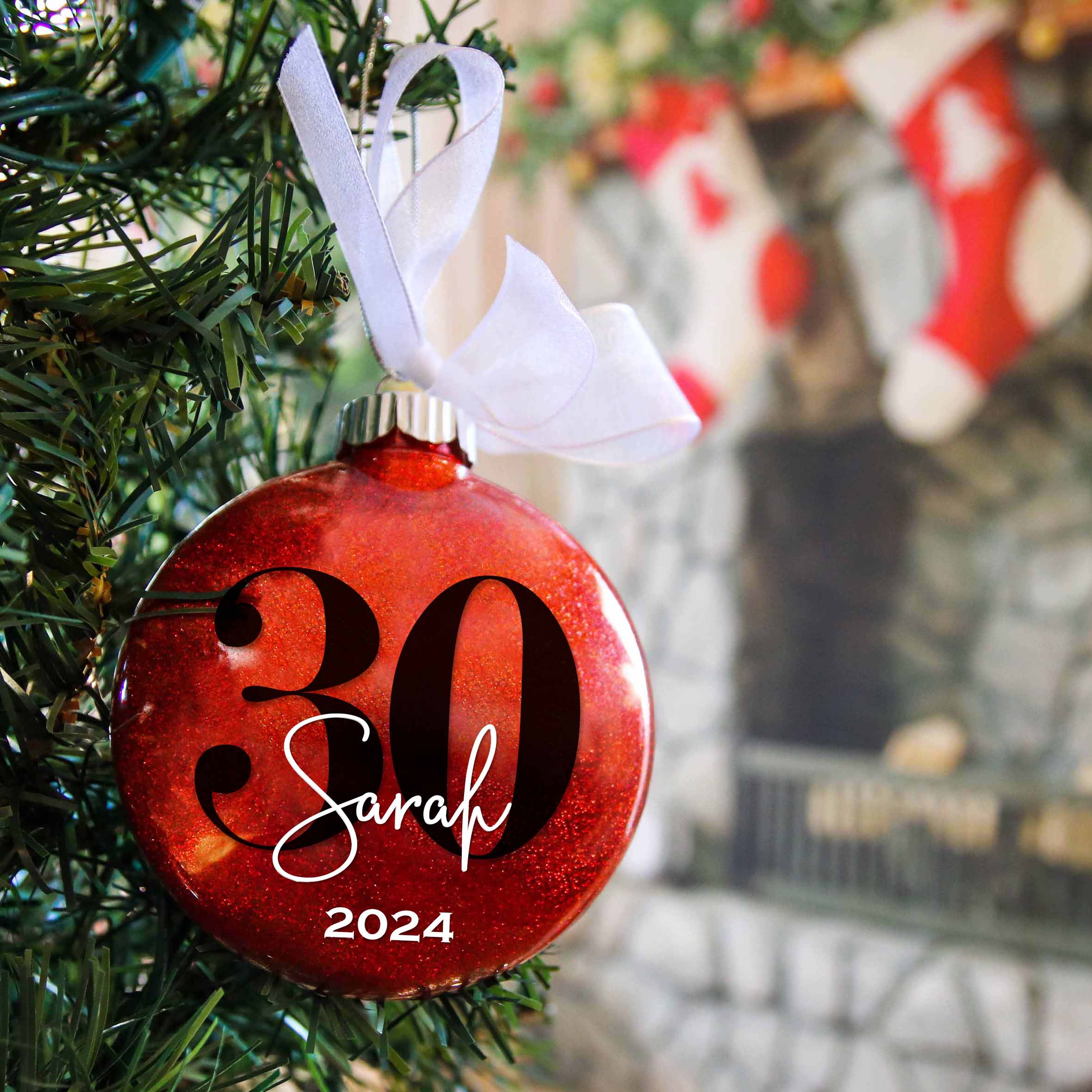 Personalized 30th Birthday Glitter Christmas Ornament - Custom Name & Year