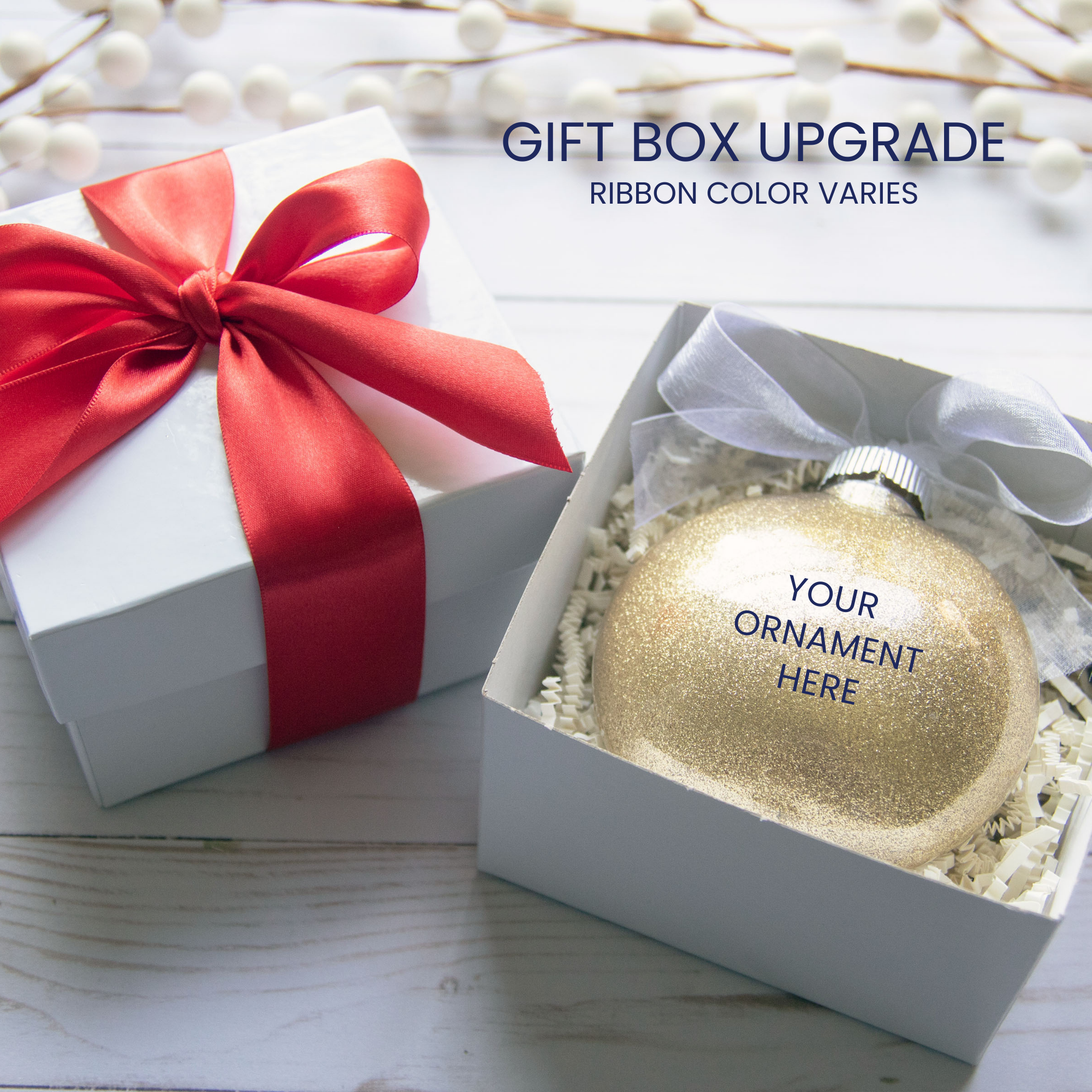 Gift box upgrade available. Ribbon color varies. 