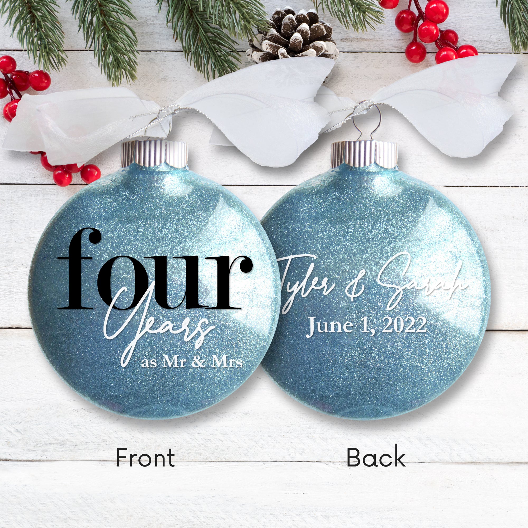 4th Wedding Anniversary Glitter Christmas Ornament