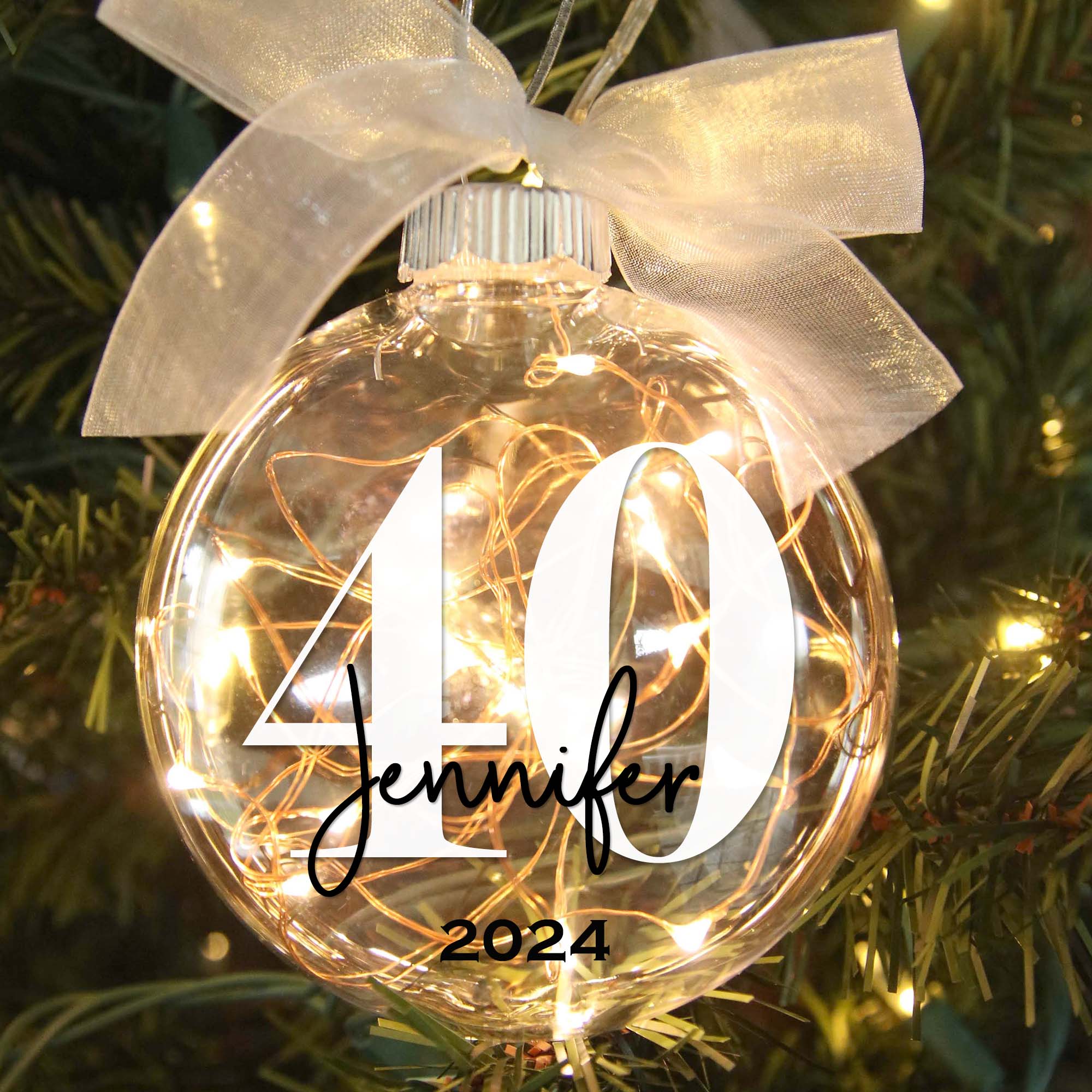 Personalized 40th birthday light up ornament in tree
