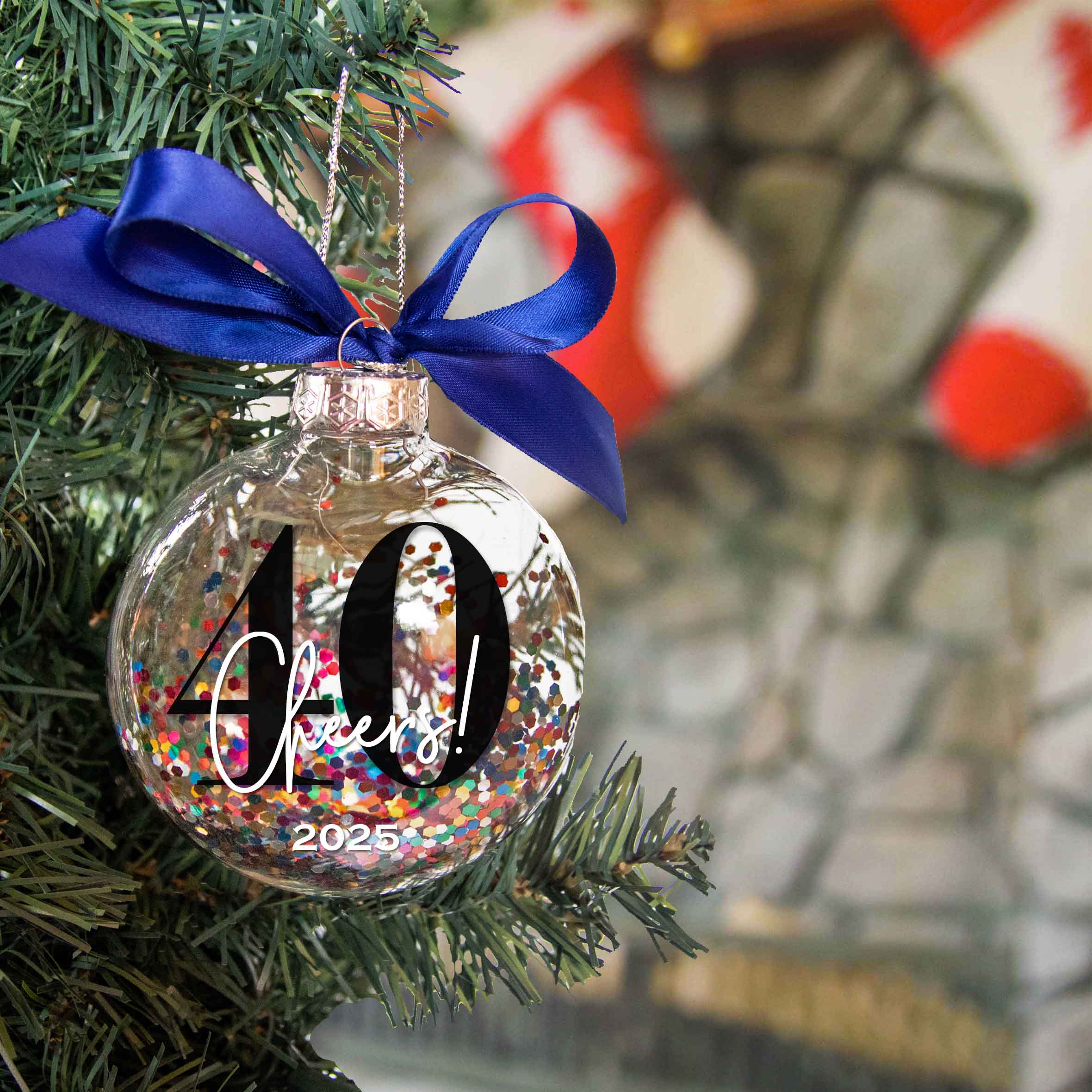 Personalized 40th Birthday Christmas Ornament - Multi-colored Glitter Confetti Inside