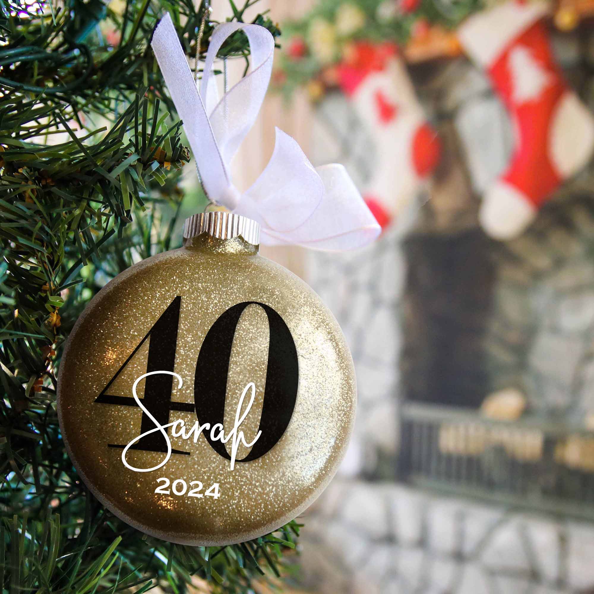 Personalized 40th birthday christmas ornament in gold glitter