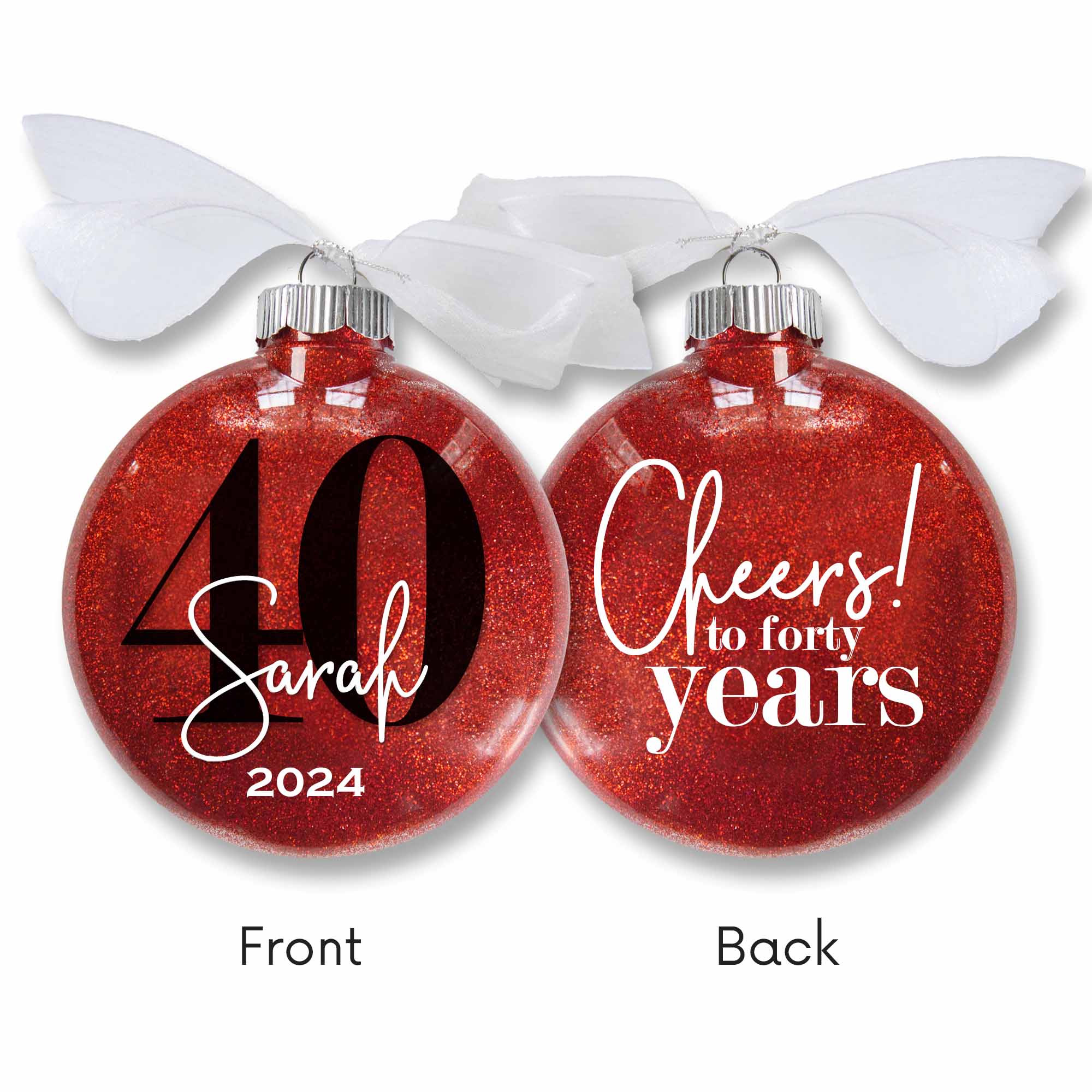 Personalized 40th Birthday Christmas ornament in red glitter