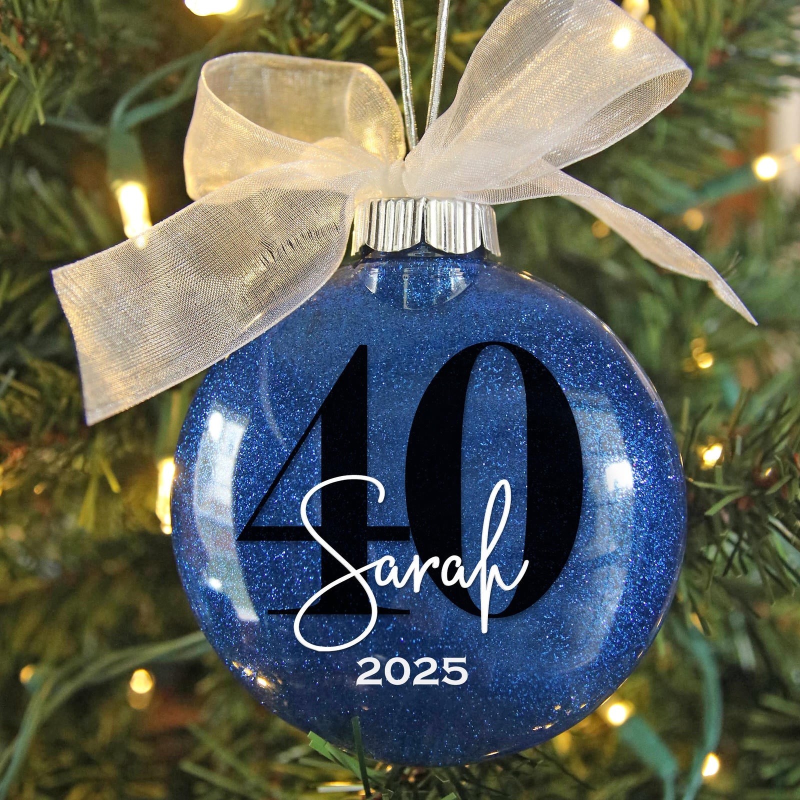 Personalized 40th birthday Christmas ornament in royal blue glitter 
