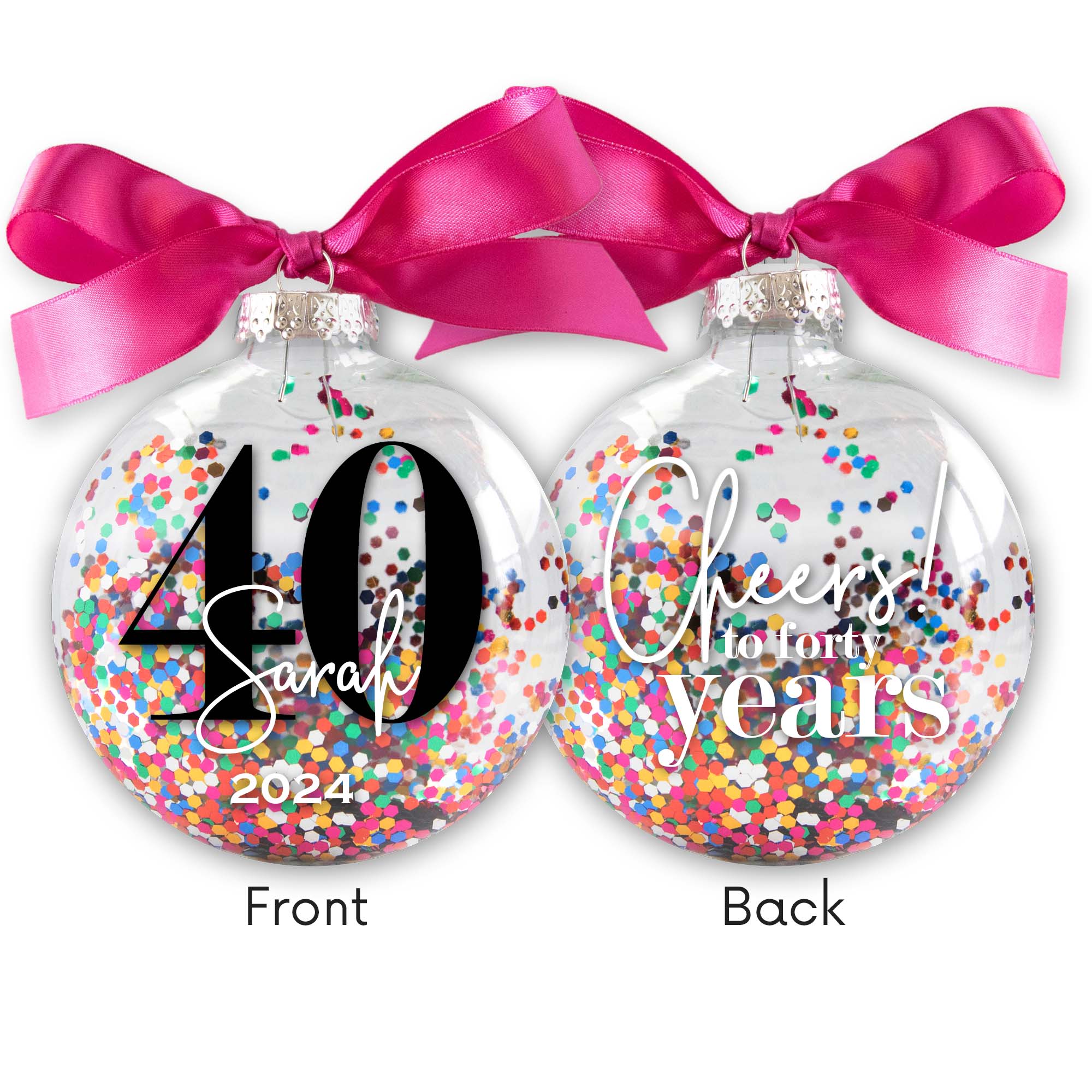 Personalized 40th Birthday Christmas Ornament - Multi-colored Glitter Confetti Inside