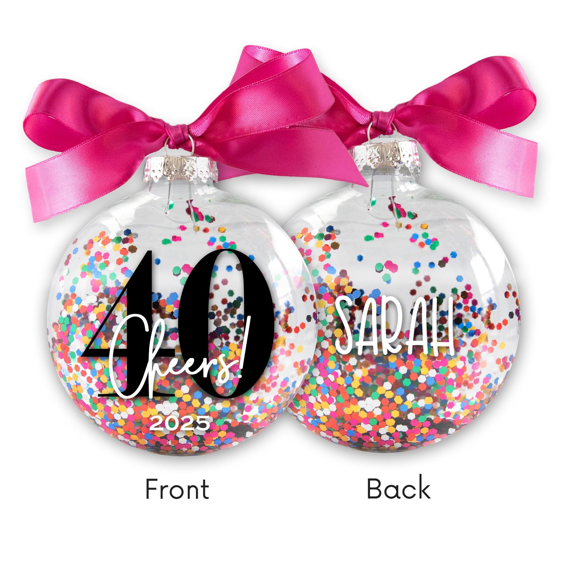 Personalized 40th Birthday Christmas Ornament - Multi-colored Glitter Confetti Inside