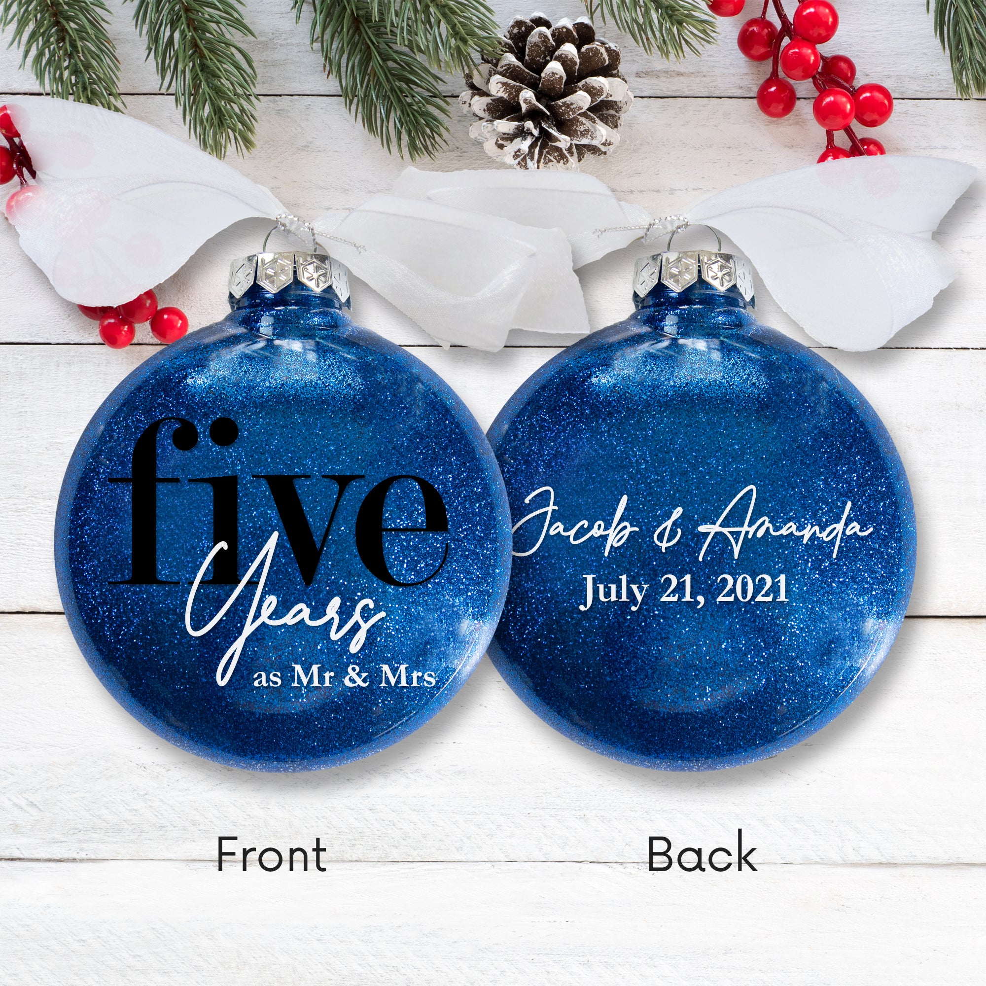 5th Wedding Anniversary Glitter Christmas Ornament