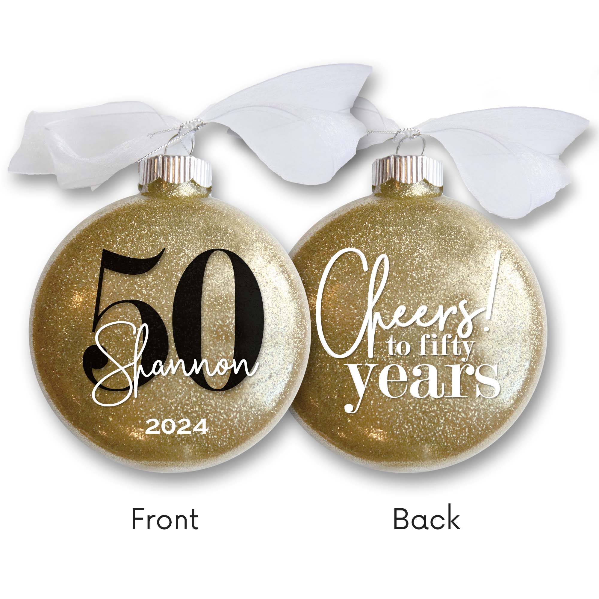 Personalized 50th birthday Christmas ornament in gold glitter